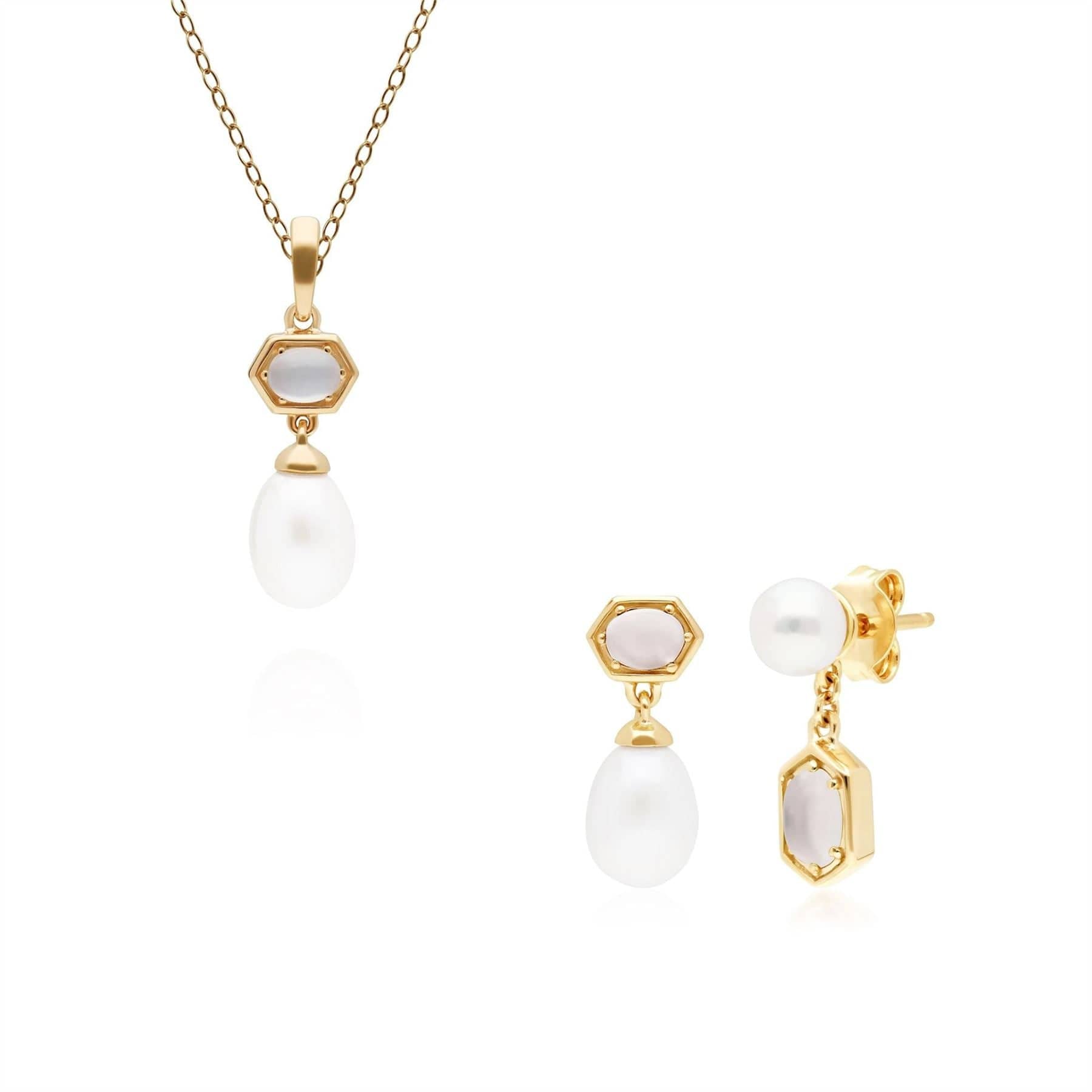 Product photograph of Modern Pearl Moonstone Pendant Earring Set In Gold Plated Silver from Gemondo Jewellery