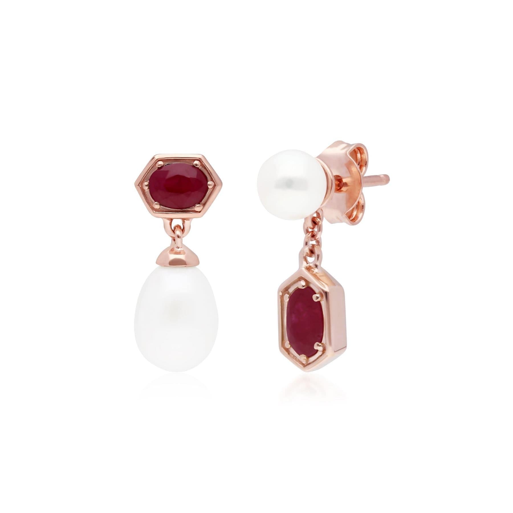 Product photograph of Modern Pearl Ruby Mismatched Drop Earrings In Rose Gold Plated Silver from Gemondo Jewellery