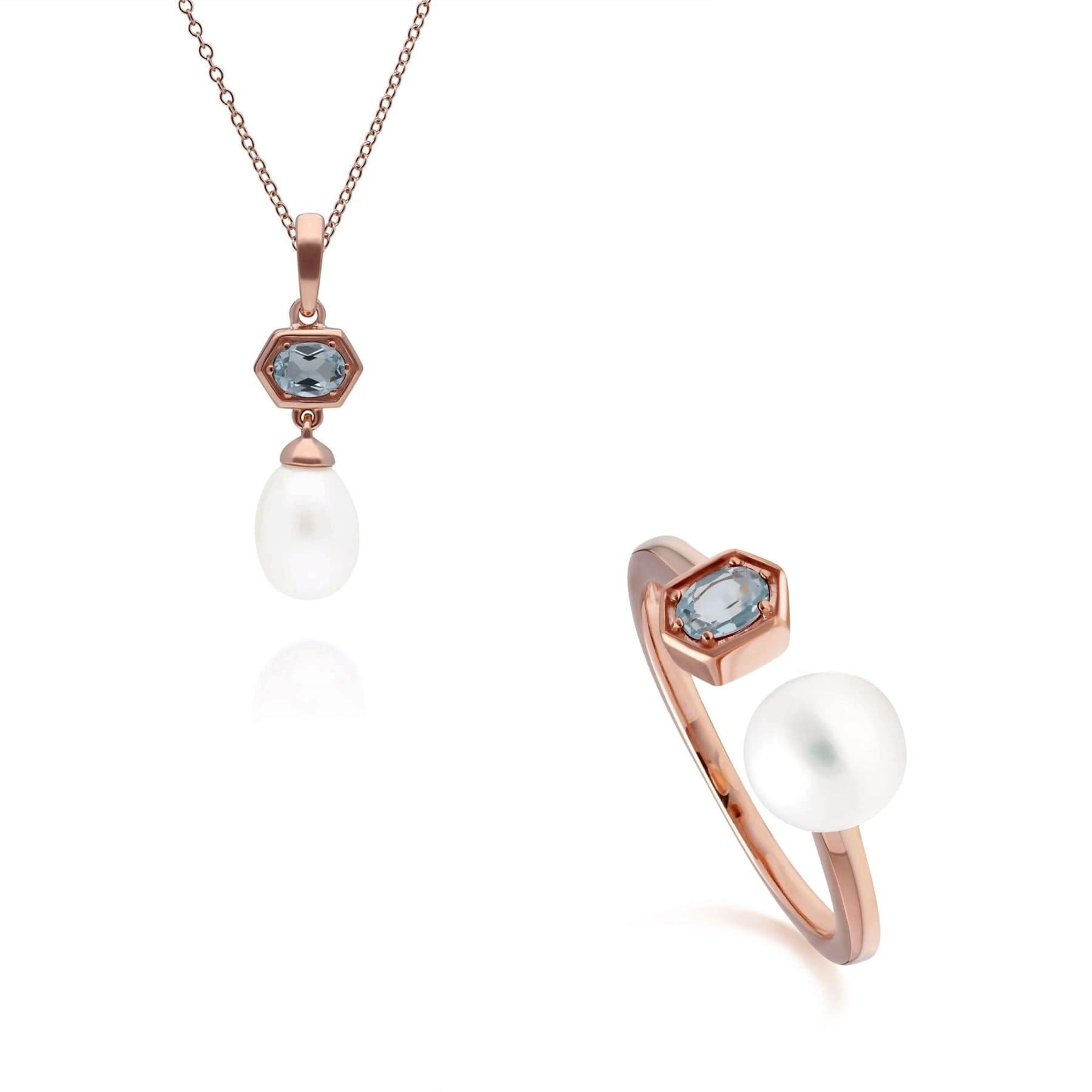 Product photograph of Modern Pearl Blue Topaz Pendant Ring Set In Rose Gold Plated Silver from Gemondo Jewellery