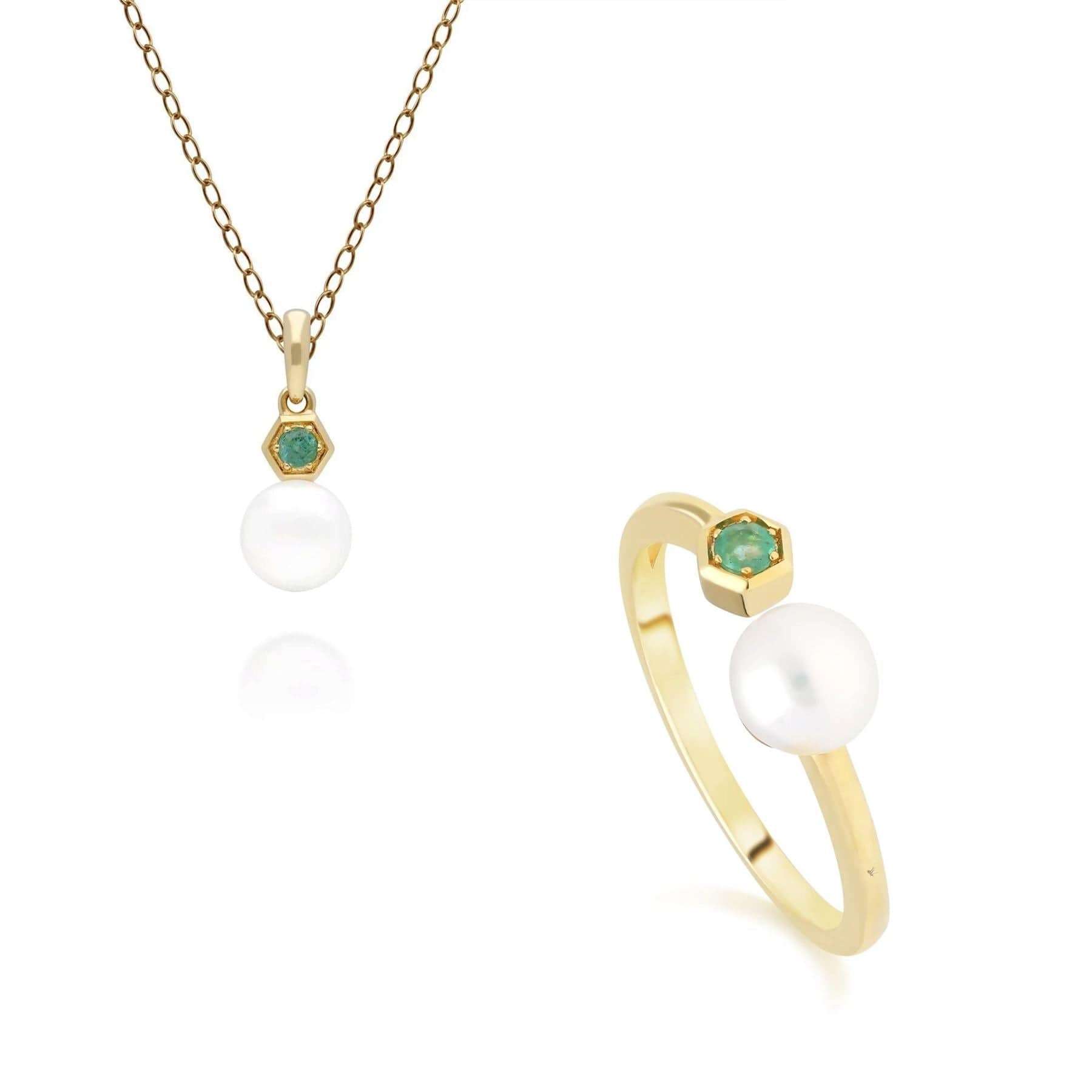 Product photograph of Modern Pearl Emerald Pendant Ring Set In 9ct Gold from Gemondo Jewellery