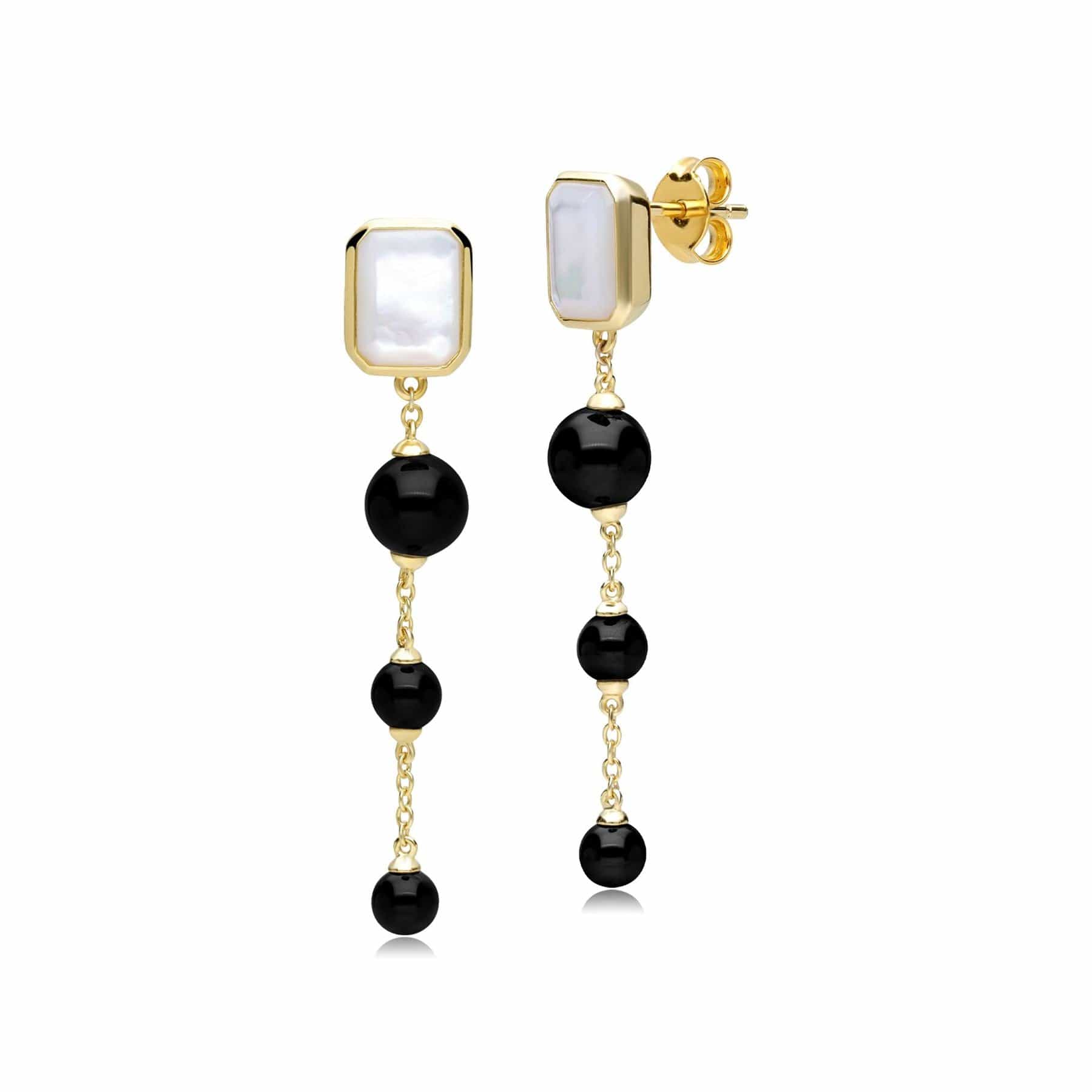 Product photograph of Ecfew Unifier Mother Of Pearl Onyx Dangle Drop Earrings In Gold Plated Sterling Silver from Gemondo Jewellery