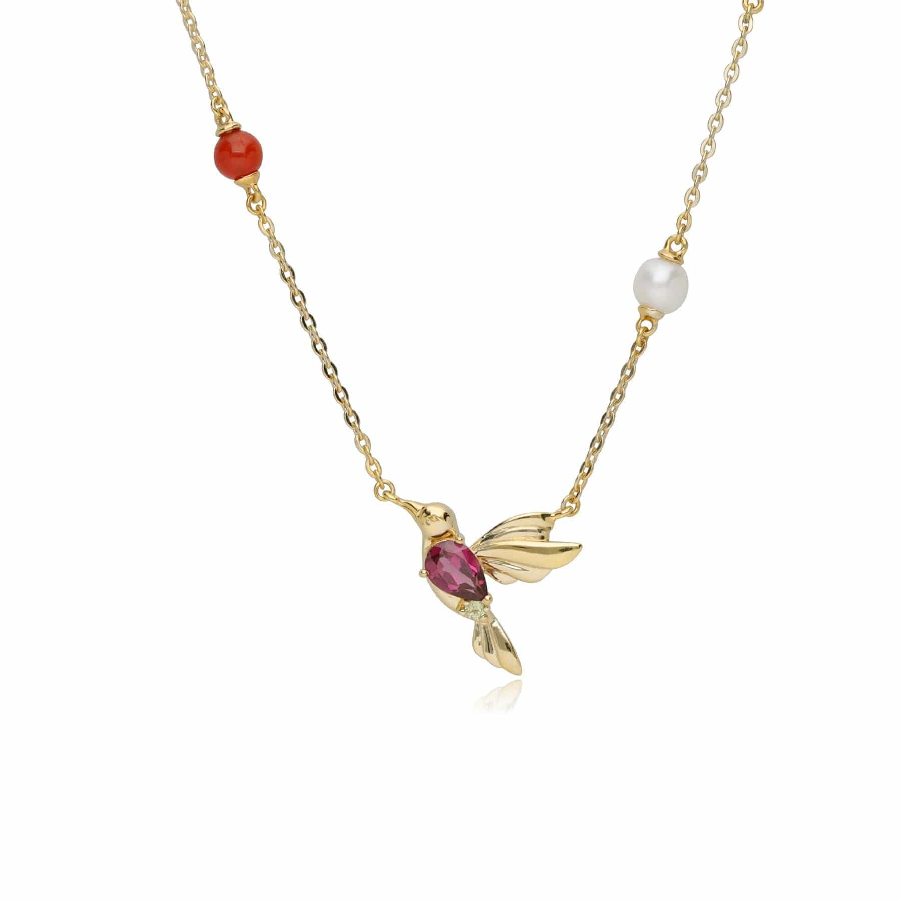 Product photograph of Ecfew Creator Rhodolite Peridot Malachite Dyed Carnelian Hummingbird Necklace In Gold Plated Sterling Silver from Gemondo Jewellery