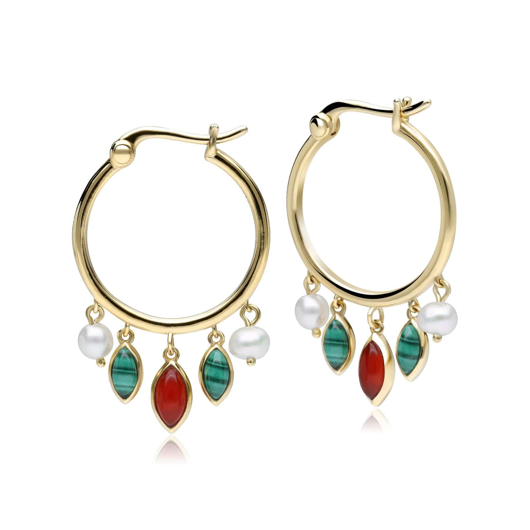 Product photograph of Ecfew Creator Malachite Dyed Carnelian Pearl Hoop Earrings In Gold Plated Sterling Silver from Gemondo Jewellery