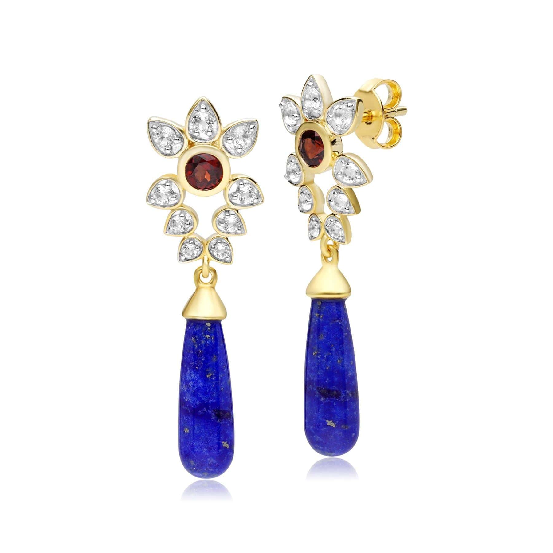 Product photograph of Ecfew Creator Lapis Lazuli White Topaz Garnet Floral Dangle Drop Earrings In Gold Plated Sterling Silver from Gemondo Jewellery