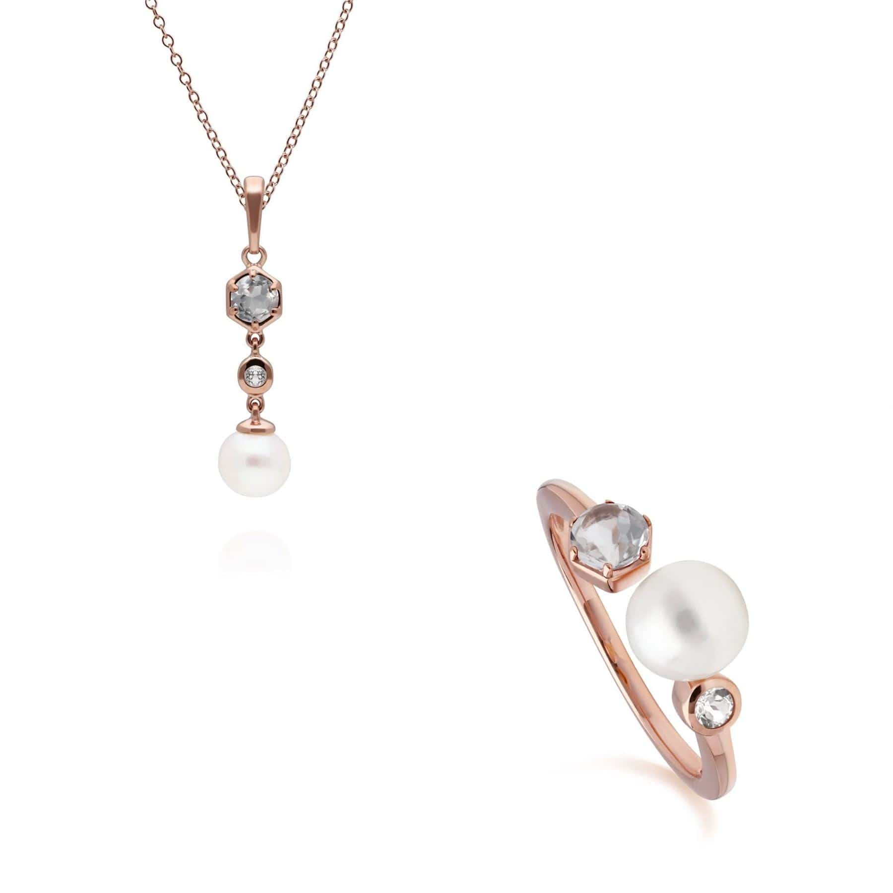 Product photograph of Modern Pearl White Topaz Pendant Ring Set In Rose Gold Plated Silver from Gemondo Jewellery