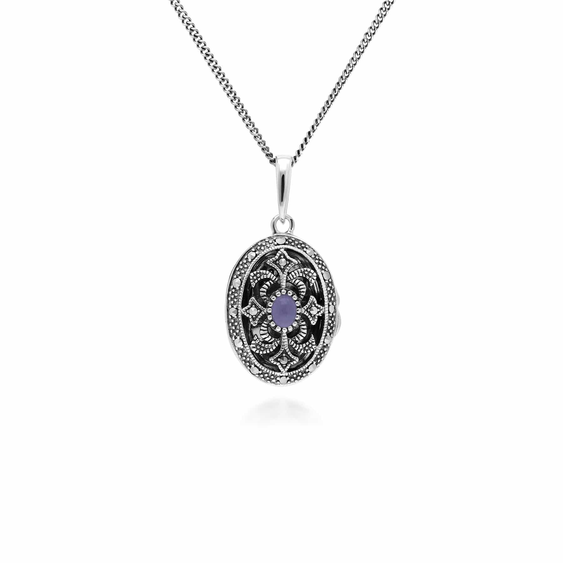 Image of Art Nouveau Style Oval Dyed Purple Jade & Marcasite Locket Necklace in 925 Sterling Silver