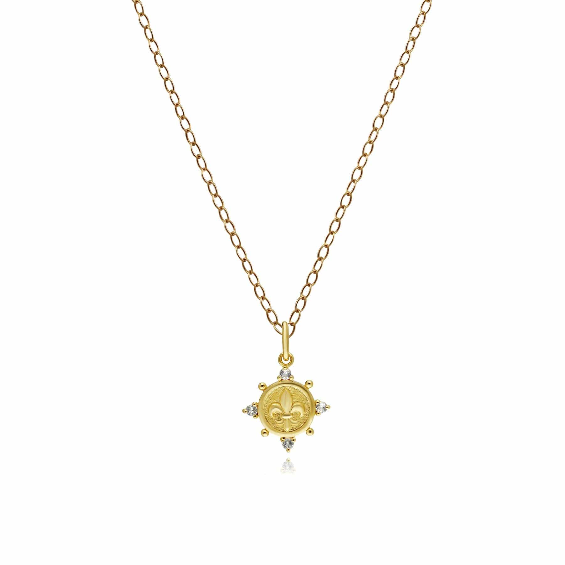 Product photograph of Ecfew White Topaz Fleur De Lis Coin Pendant Necklace In 9ct Yellow Gold from Gemondo Jewellery