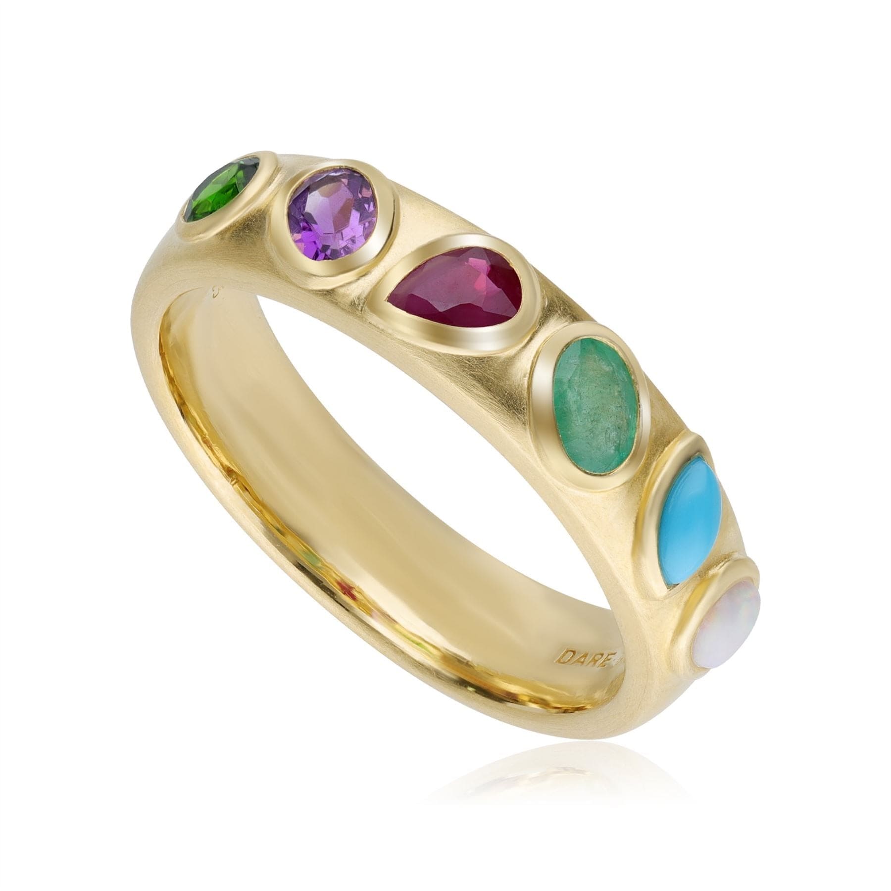 Image of Coded Whispers 'Dare To' Acrostic Gemstone Ring In Yellow Gold Plated Silver