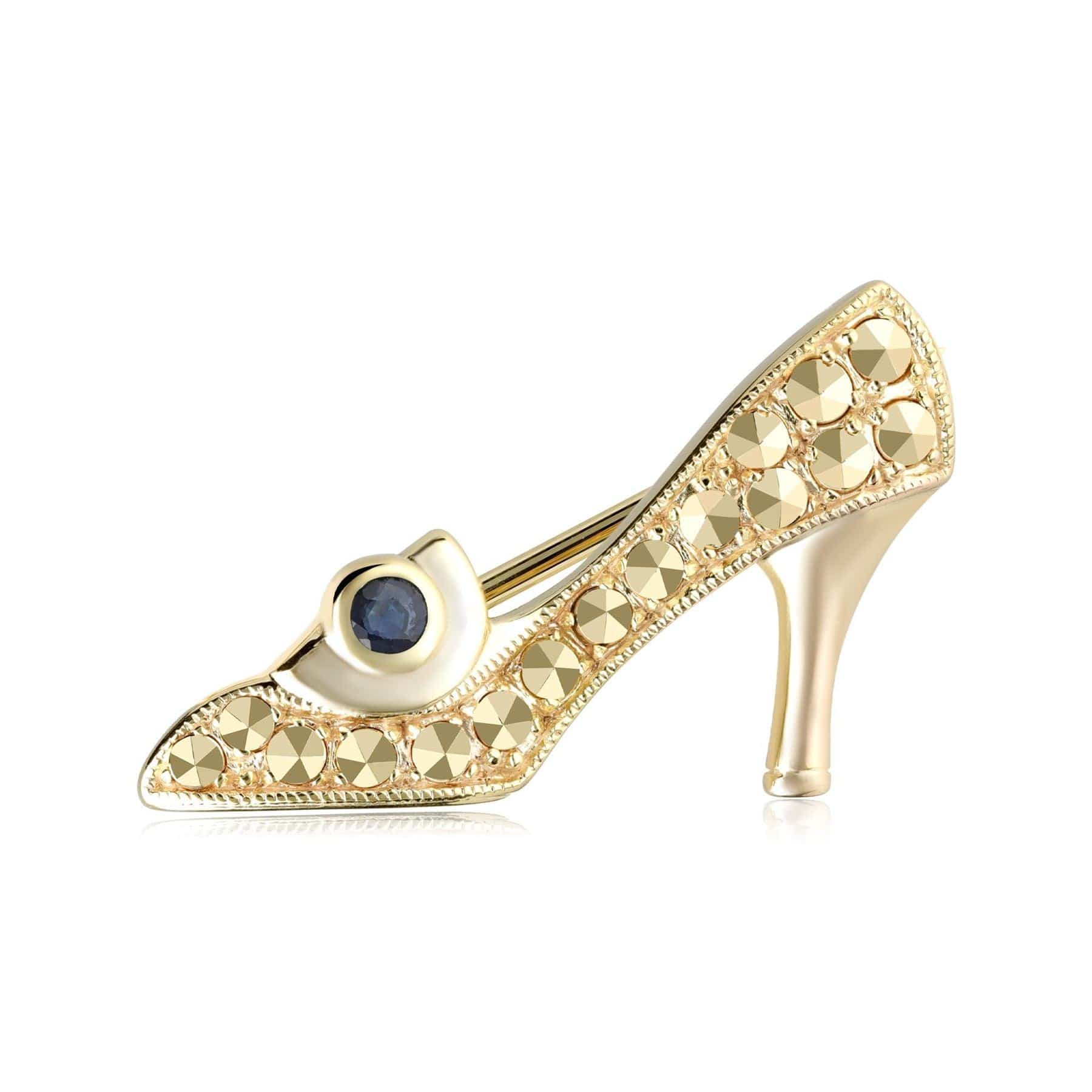 Product photograph of Sapphire Marcasite Shoe Brooch In 18ct Gold Plated Silver from Gemondo Jewellery