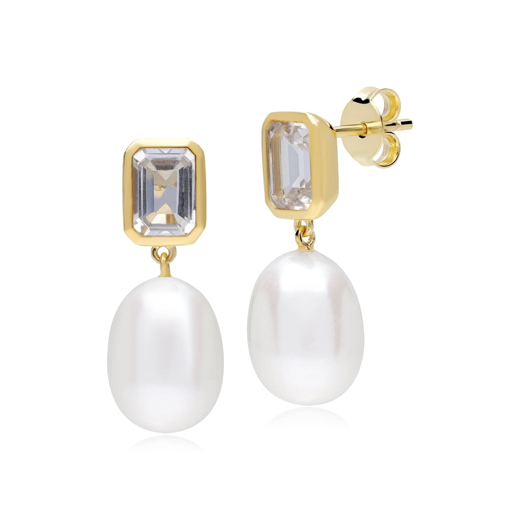 Product photograph of Ecfew Unifier White Topaz Pearl Dangle Drop Earrings In Gold Plated Sterling Silver from Gemondo Jewellery