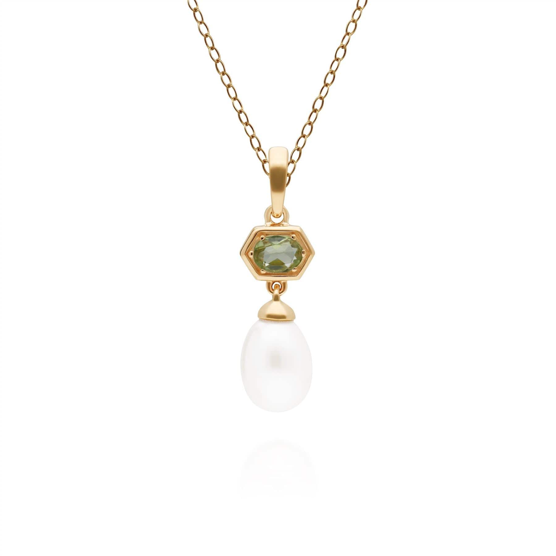 Product photograph of Modern Pearl Peridot Hexagon Drop Pendant In Gold Plated Silver from Gemondo Jewellery