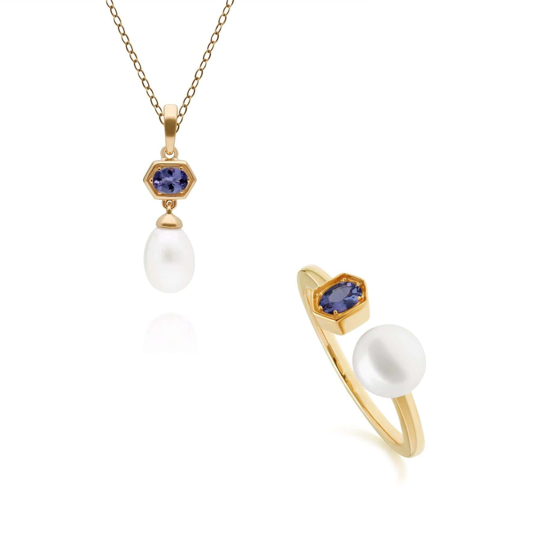 Product photograph of Modern Pearl Tanzanite Pendant Ring Set In Gold Plated Silver from Gemondo Jewellery