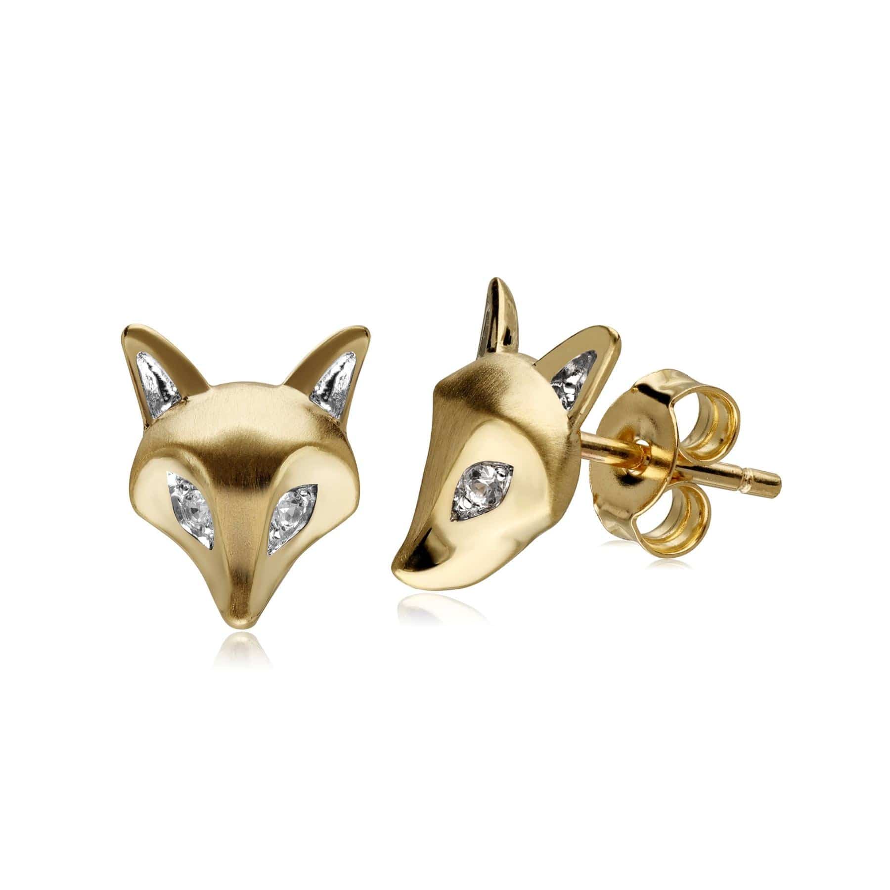 Product photograph of Gardenia White Sapphire Fox Earrings In 9ct Yellow Gold from Gemondo Jewellery