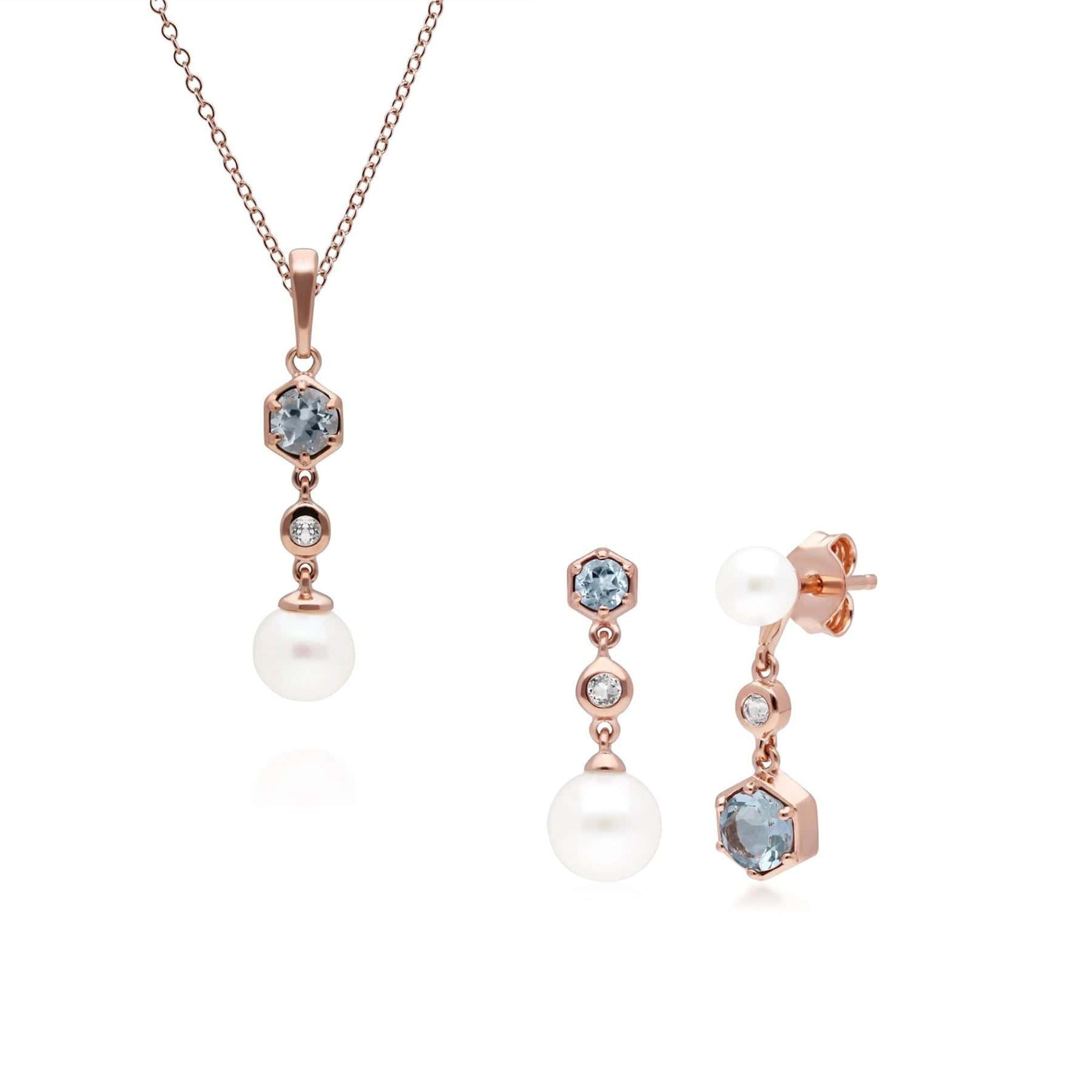 Product photograph of Modern Pearl Aquamarine Topaz Pendant Earring Set In Rose Gold Plated Silver from Gemondo Jewellery