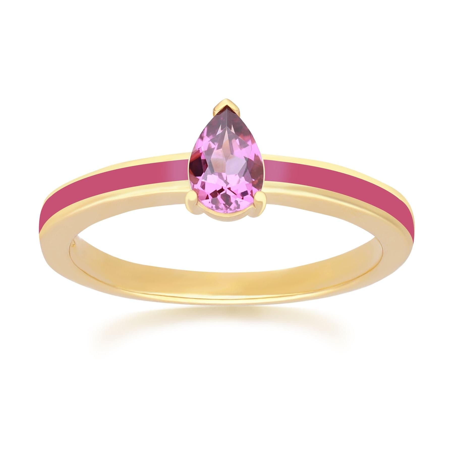 Product photograph of Siberian Waltz Pink Enamel Rhodolite Ring In Gold Plated Silver from Gemondo Jewellery