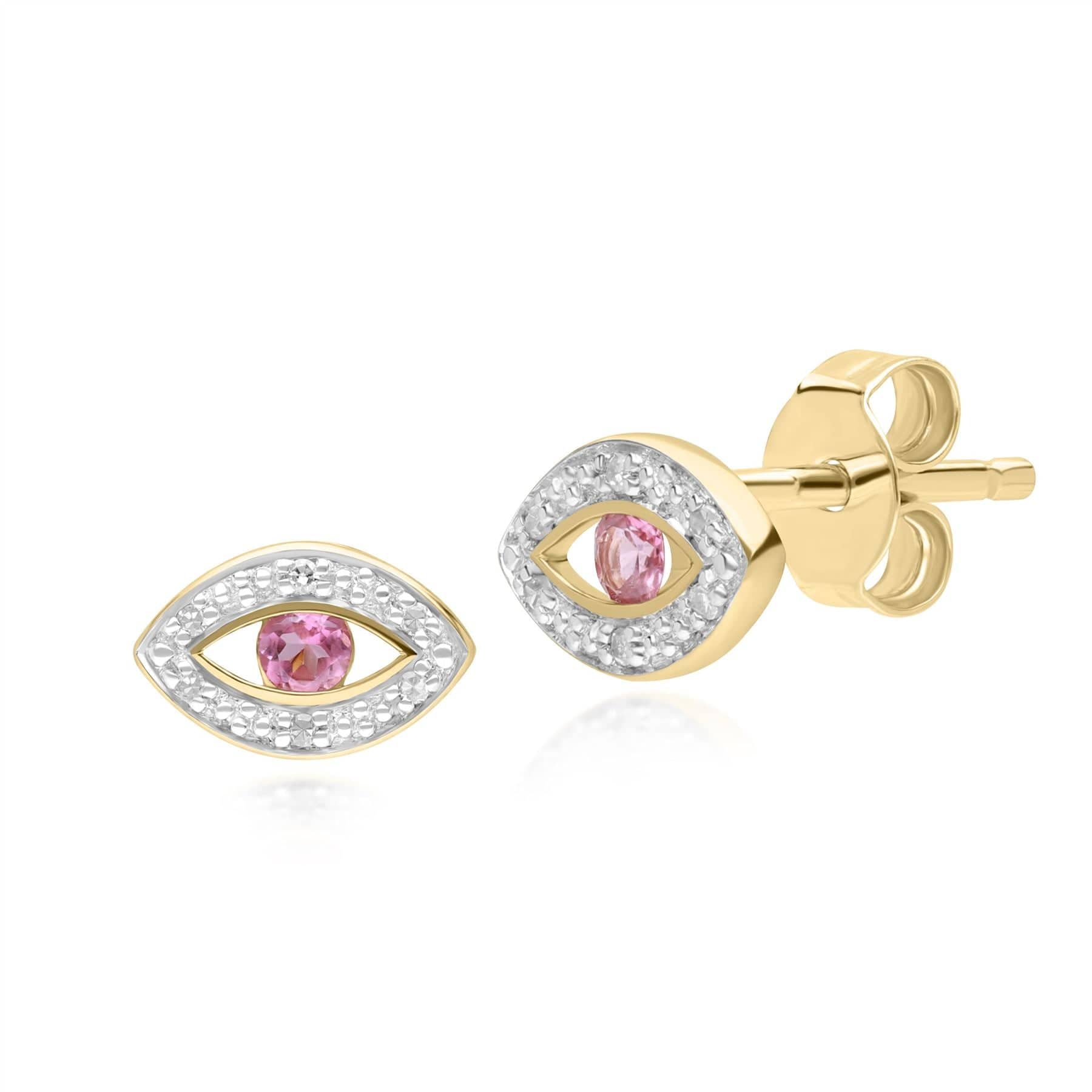 Product photograph of Ecfew Dainty Evil Eye Pink Tourmaline Diamond Stud Earrings In 9ct Yellow Gold from Gemondo Jewellery