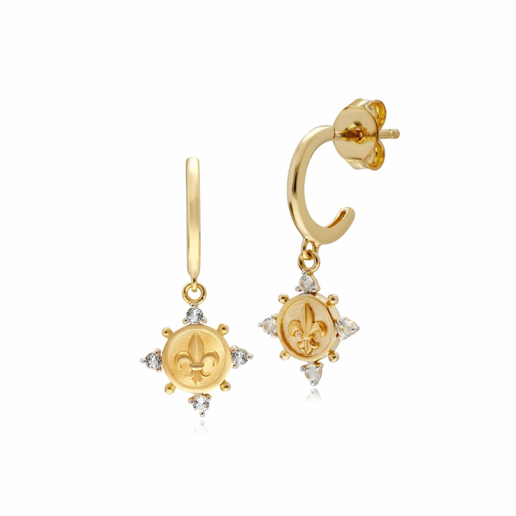 Product photograph of Ecfew White Topaz Fleur De Lis Hoop Earrings In 9ct Yellow Gold from Gemondo Jewellery