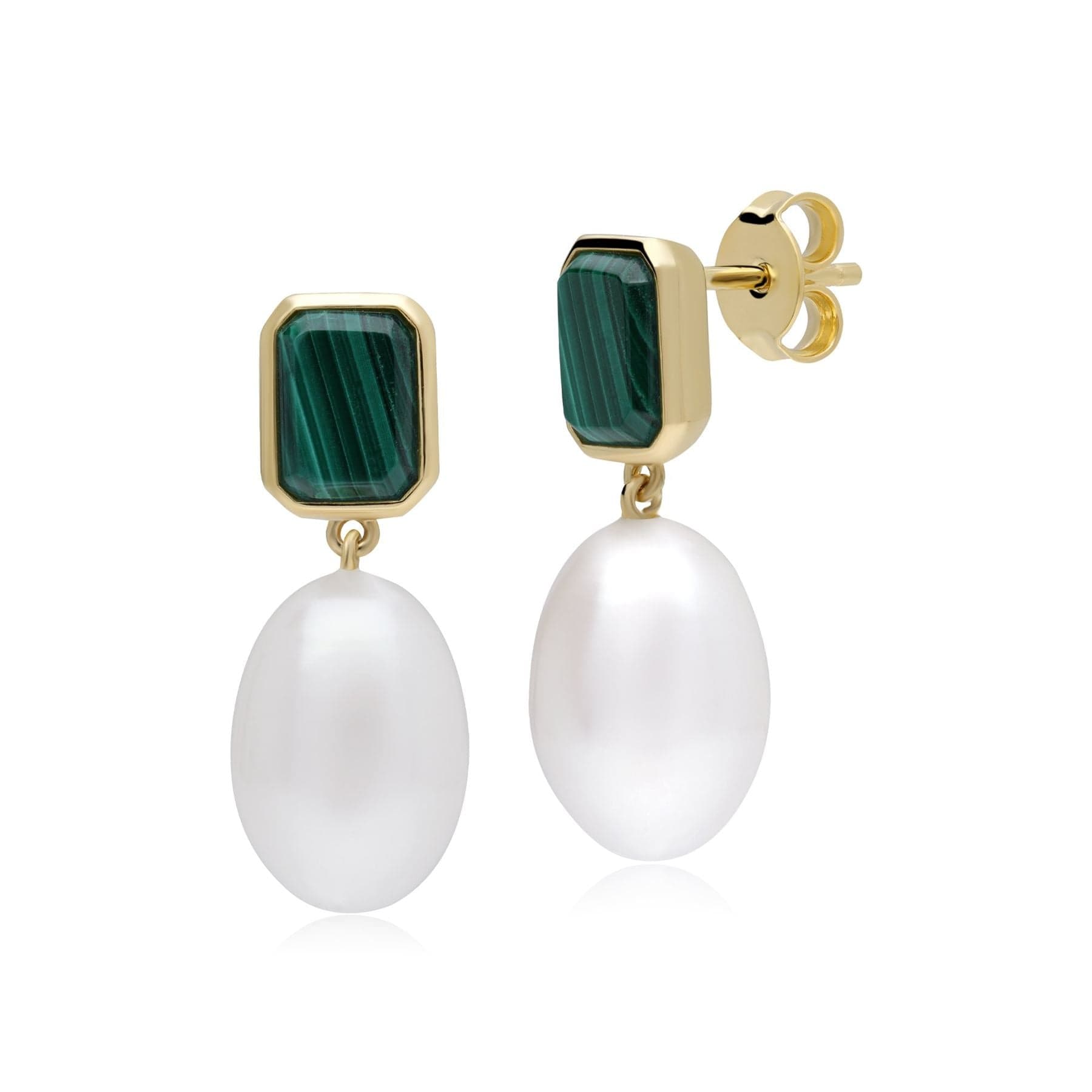 Product photograph of Ecfew Unifier Malachite Pearl Drop Earrings In Gold Plated Sterling Silver from Gemondo Jewellery