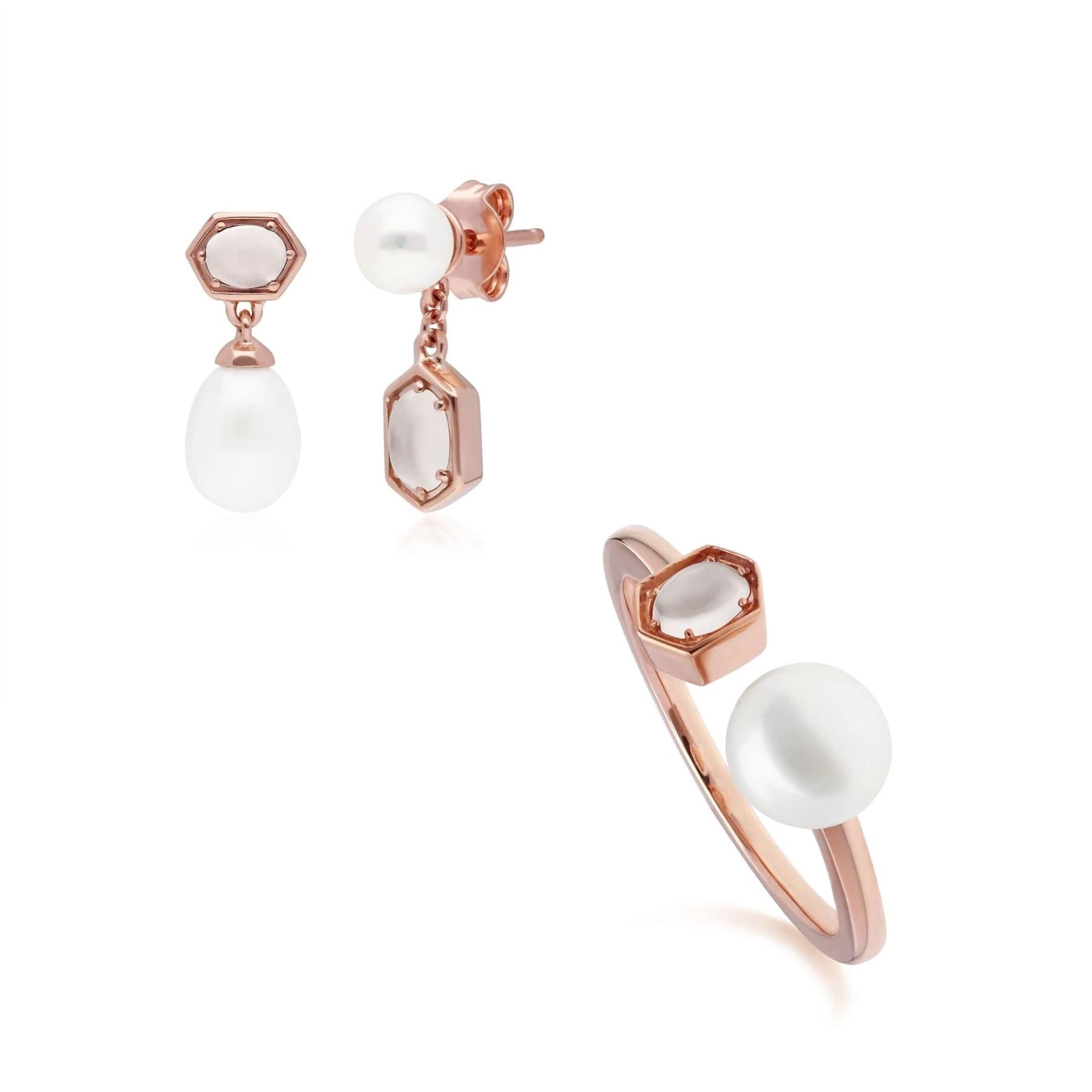 Product photograph of Modern Pearl Moonstone Earring Ring Set In Rose Gold Plated Silver from Gemondo Jewellery