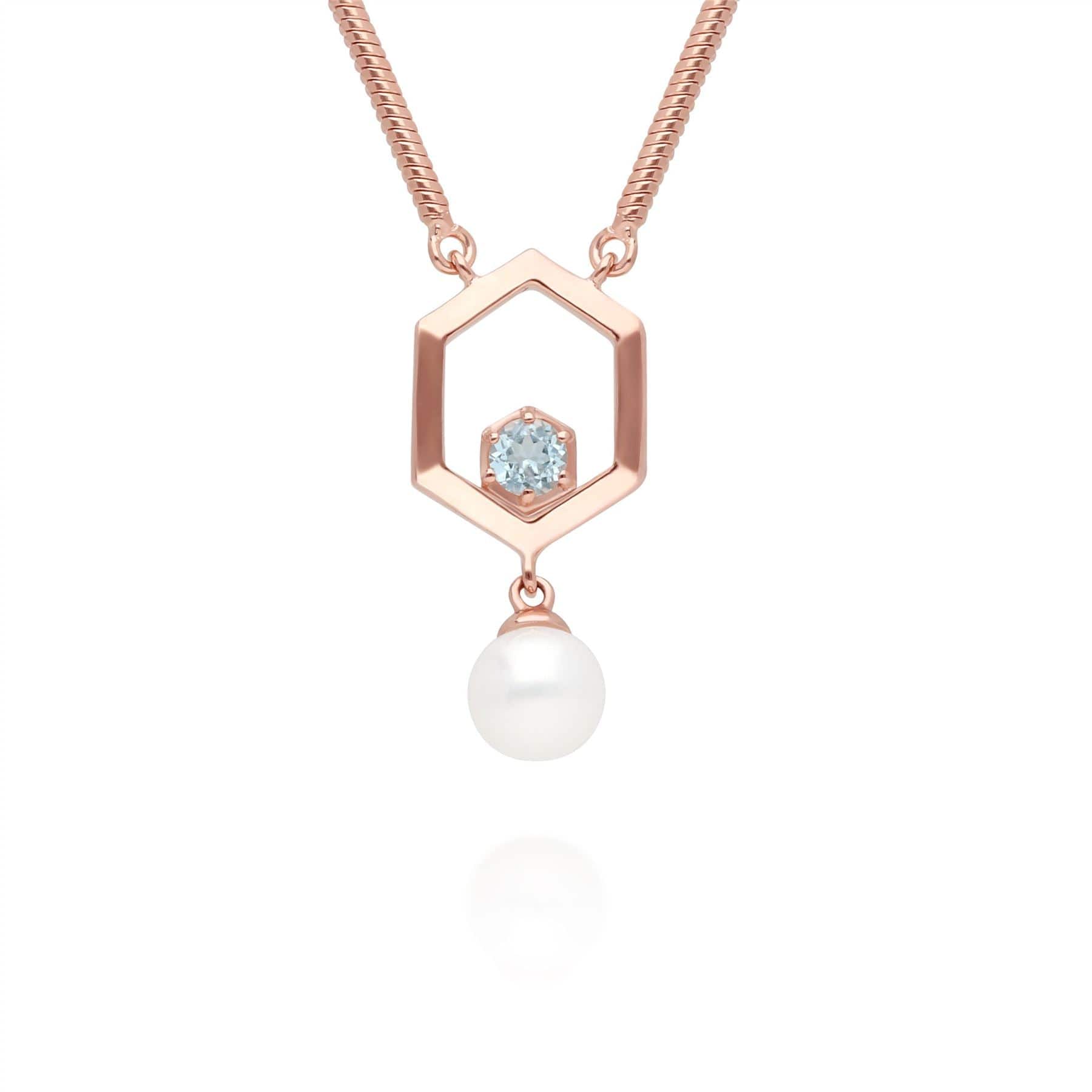 Product photograph of Modern Pearl Aquamarine Hexagon Drop Necklace In Rose Gold Plated Silver from Gemondo Jewellery