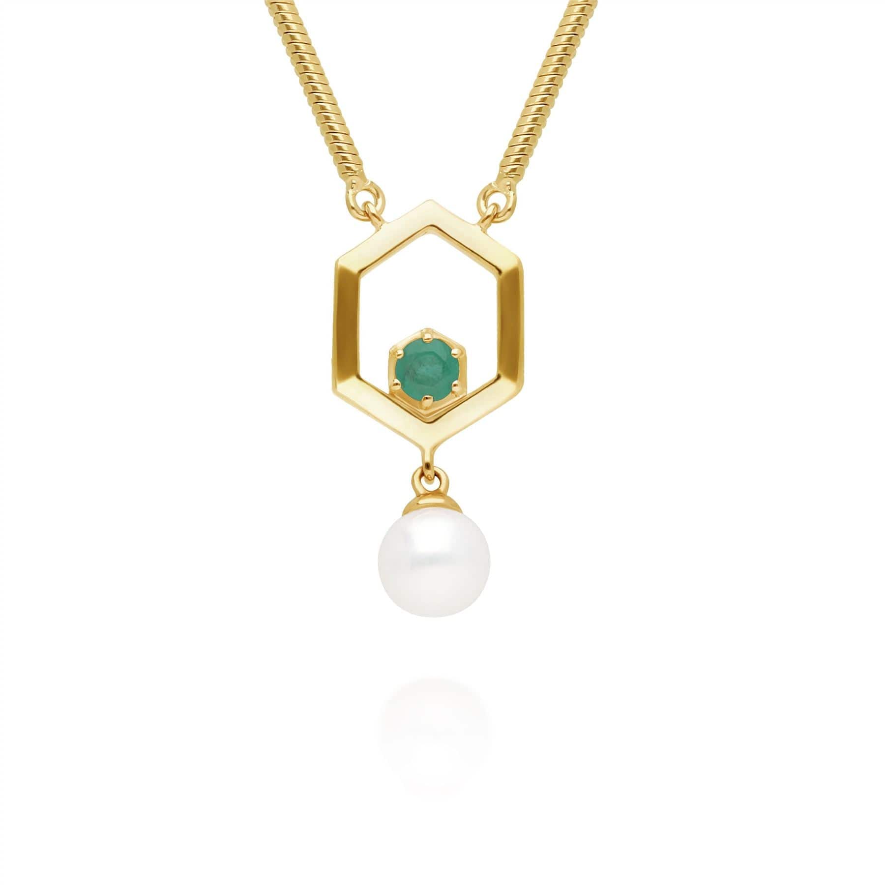 Photos - Pendant / Choker Necklace Modern Pearl & Emerald Hexagon Drop Necklace in Gold Plated Silver