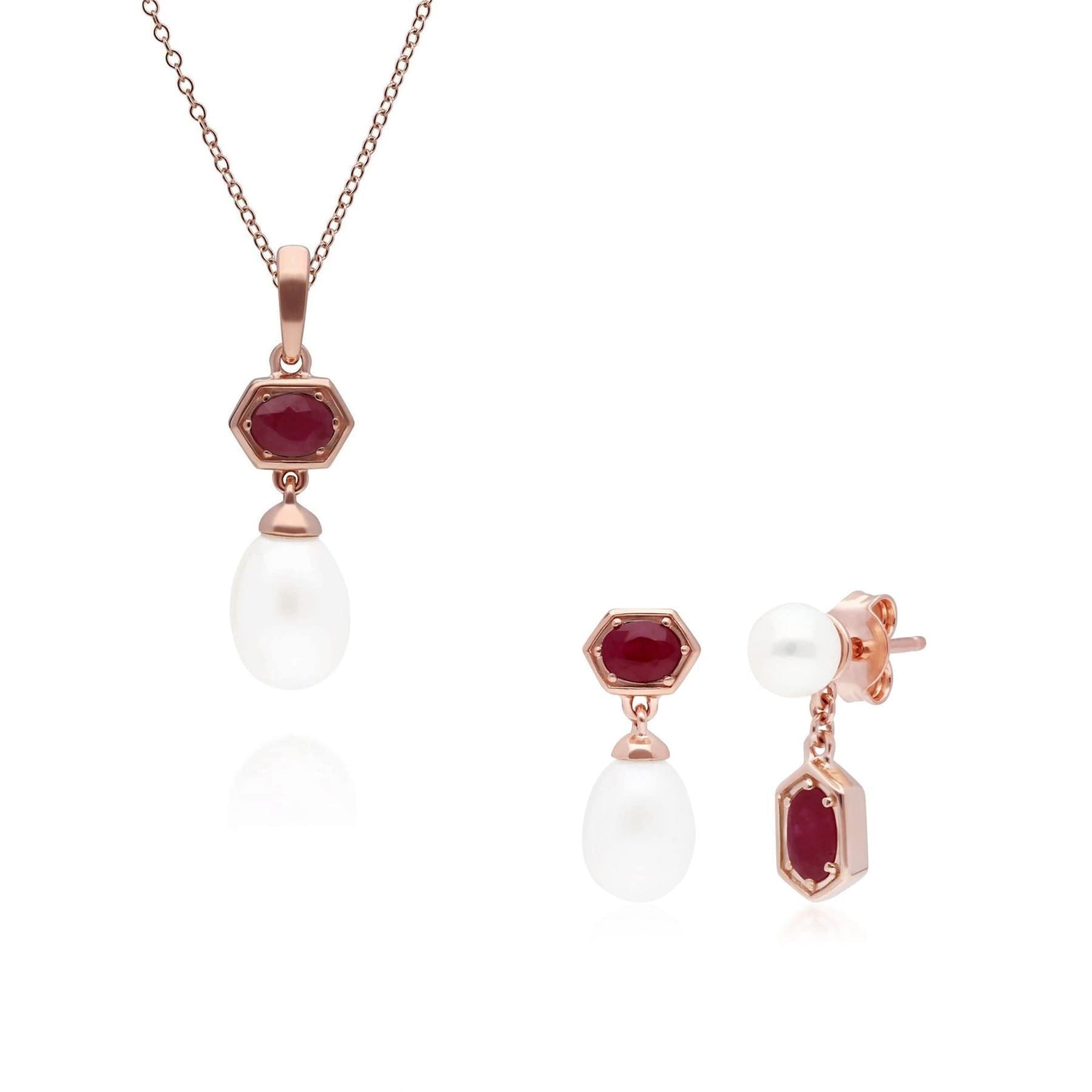 Product photograph of Modern Pearl Ruby Pendant Earring Set In Rose Gold Plated Silver from Gemondo Jewellery