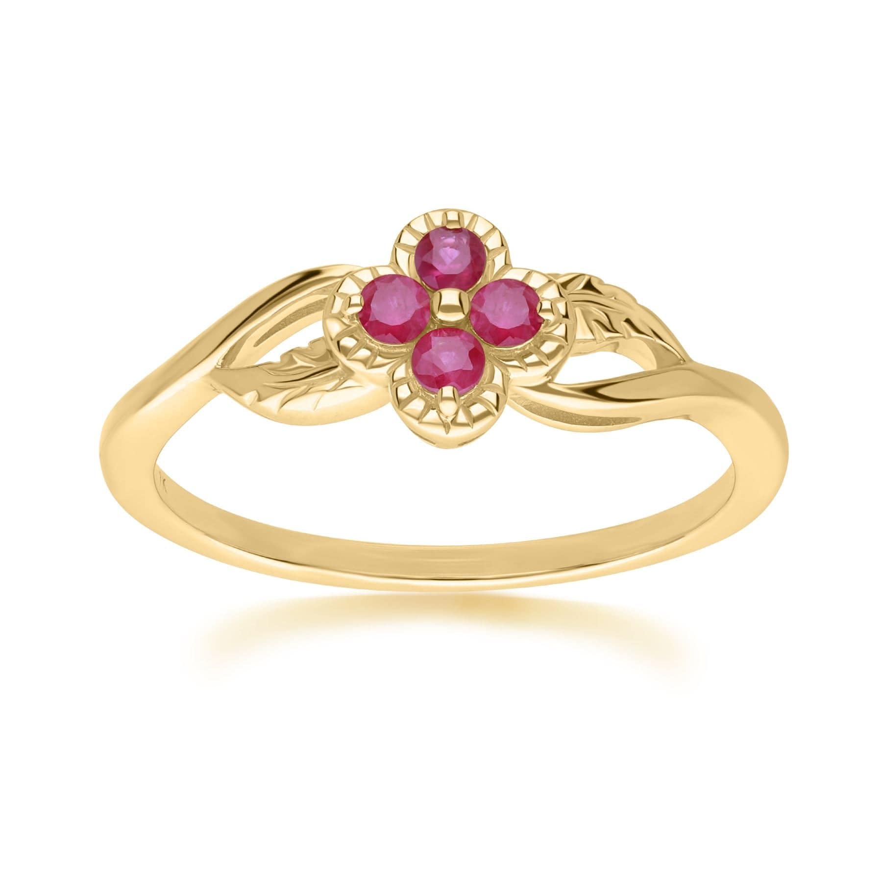 Product photograph of Floral Round Ruby Ring In 9ct Yellow Gold from Gemondo Jewellery