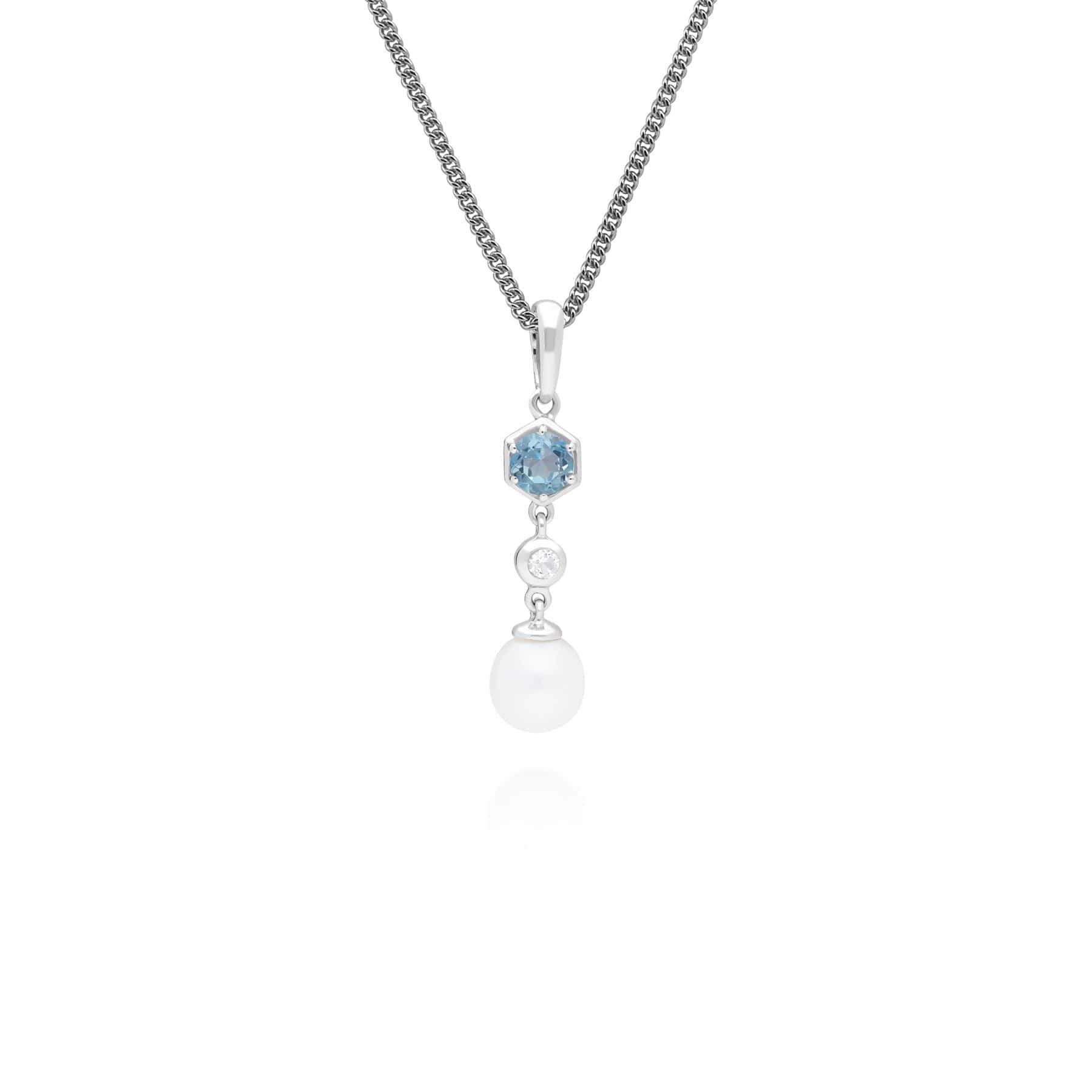 Photos - Pendant / Choker Necklace Modern Pearl & Blue Topaz Drop Pendant in 925 Sterling Silver
