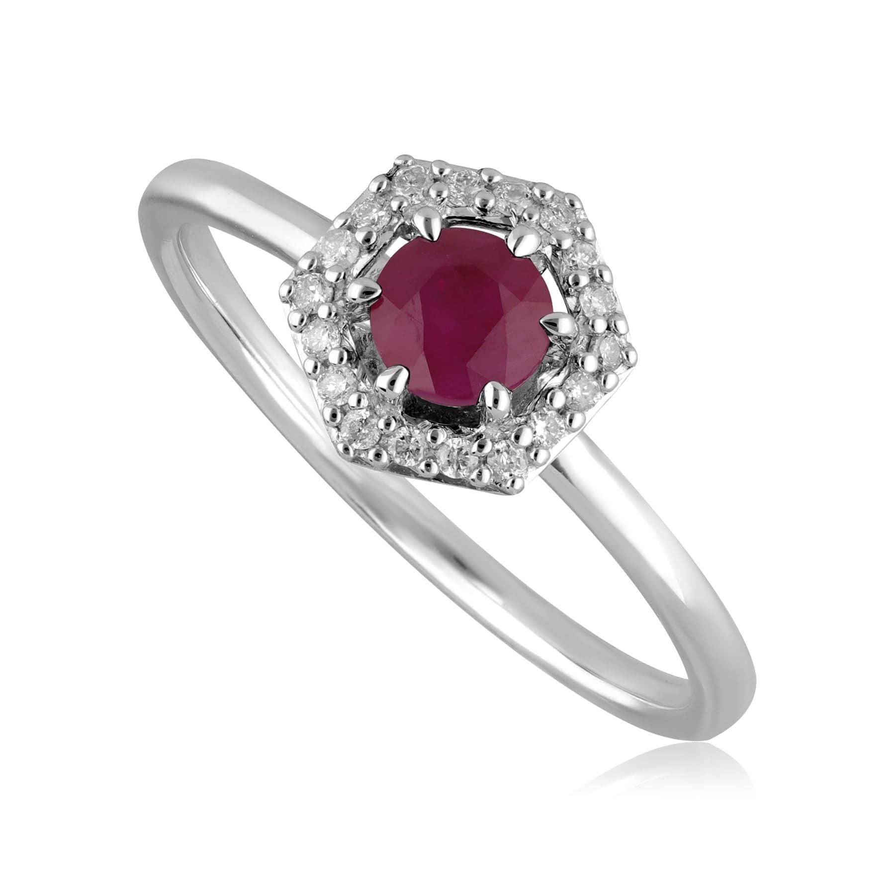 Product photograph of 9ct White Gold 0 92ct Ruby Diamond Halo Engagement Ring from Gemondo Jewellery