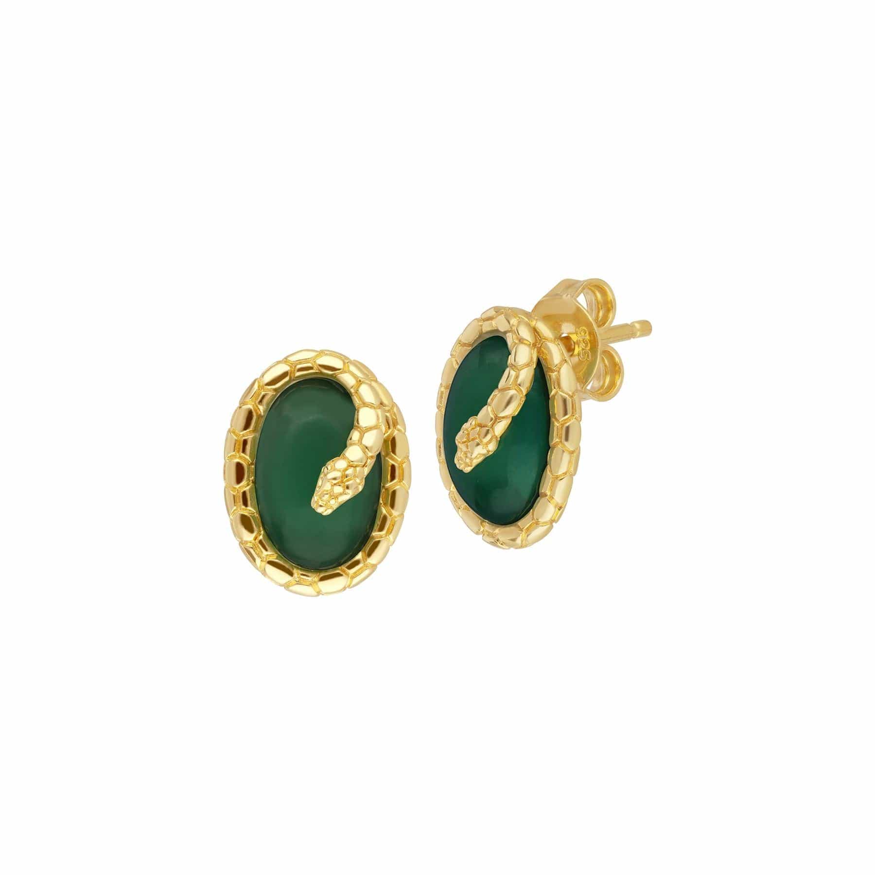 Product photograph of Ecfew Dyed Green Chalcedony Winding Snake Stud Earrings In Gold Plated Sterling Silver from Gemondo Jewellery