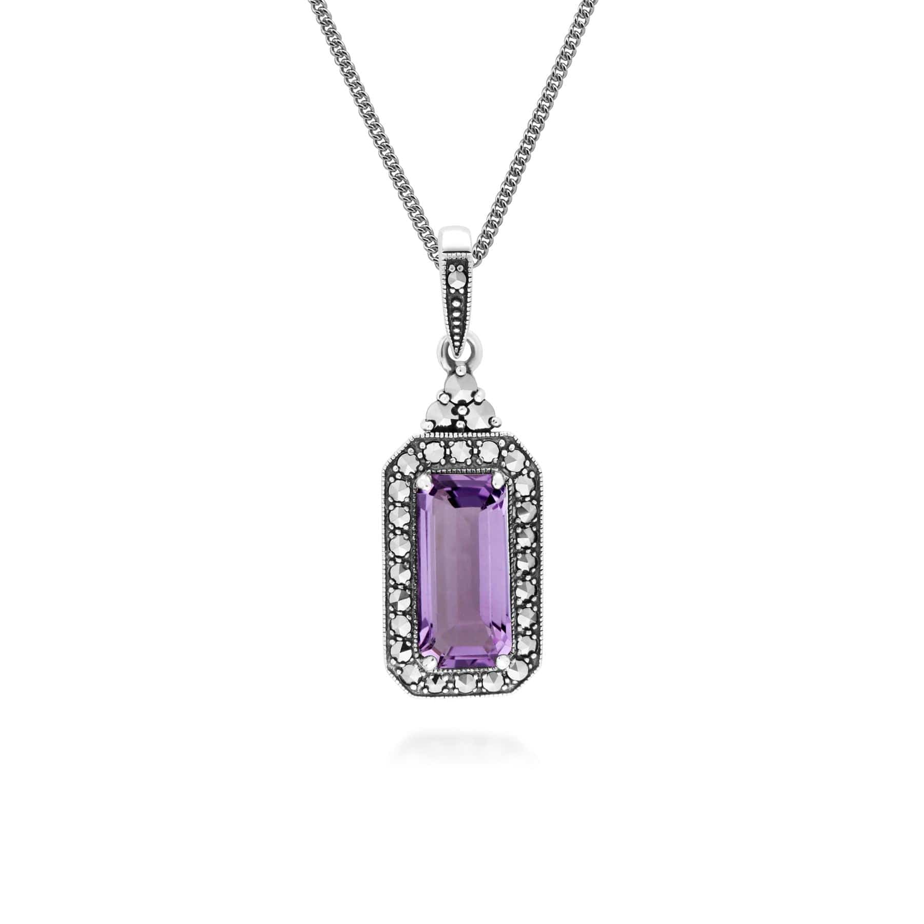 Image of Art Deco Inspired Octagon Cut Amethyst & Marcasite Pendant Necklace in Sterling Silver