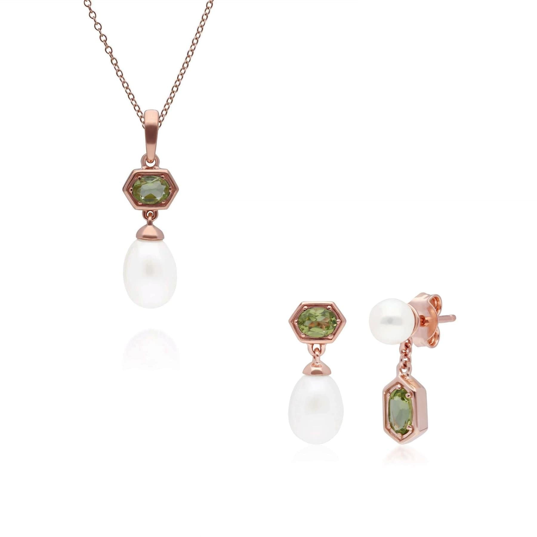Product photograph of Modern Pearl Peridot Pendant Earring Set In Rose Gold Plated Silver from Gemondo Jewellery
