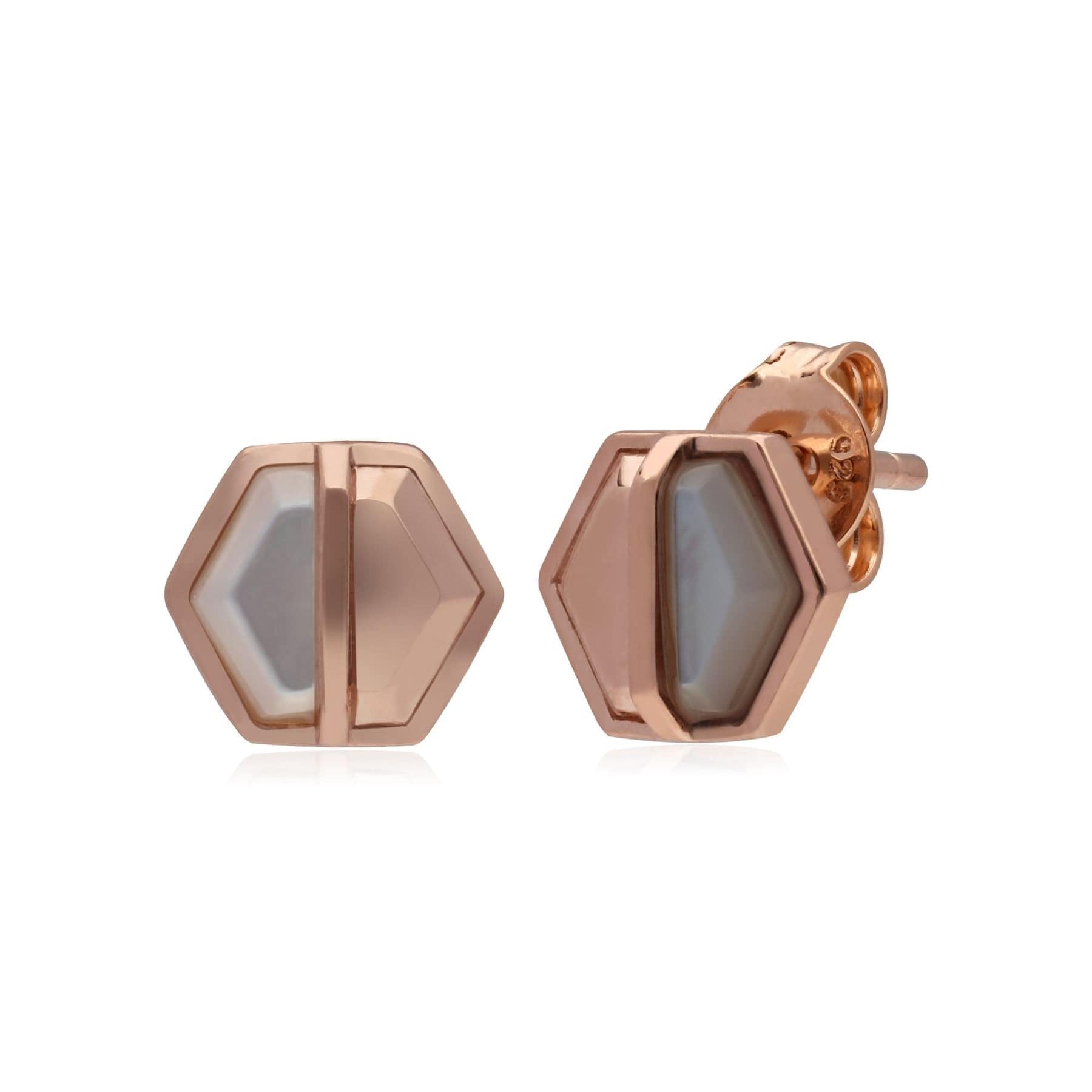 Product photograph of Micro Statement Mother Of Pearl Hexagon Stud Earrings In Rose Gold Plated Silver from Gemondo Jewellery