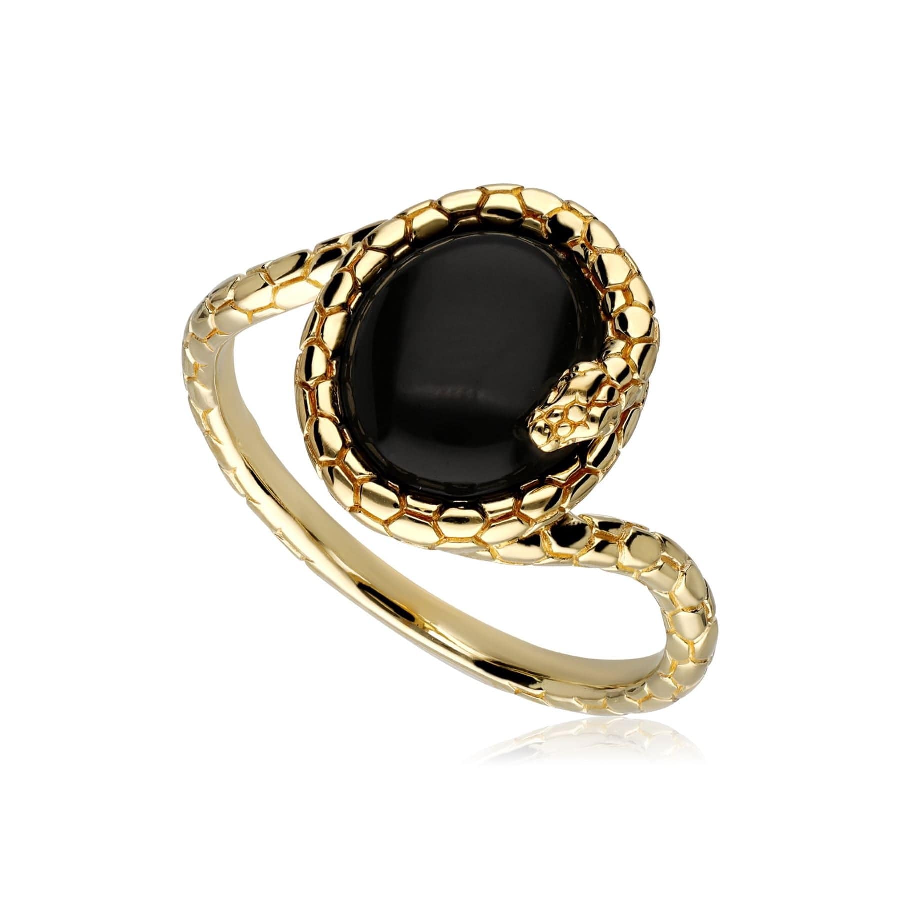 Product photograph of Ecfew Onyx Winding Snake Ring In Yellow Gold Plated Silver from Gemondo Jewellery