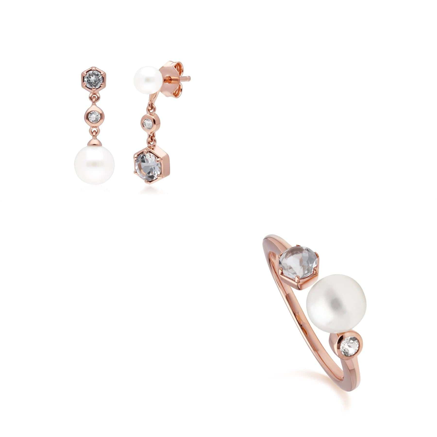 Product photograph of Modern Pearl White Topaz Earring Ring Set In Rose Gold Plated Silver from Gemondo Jewellery