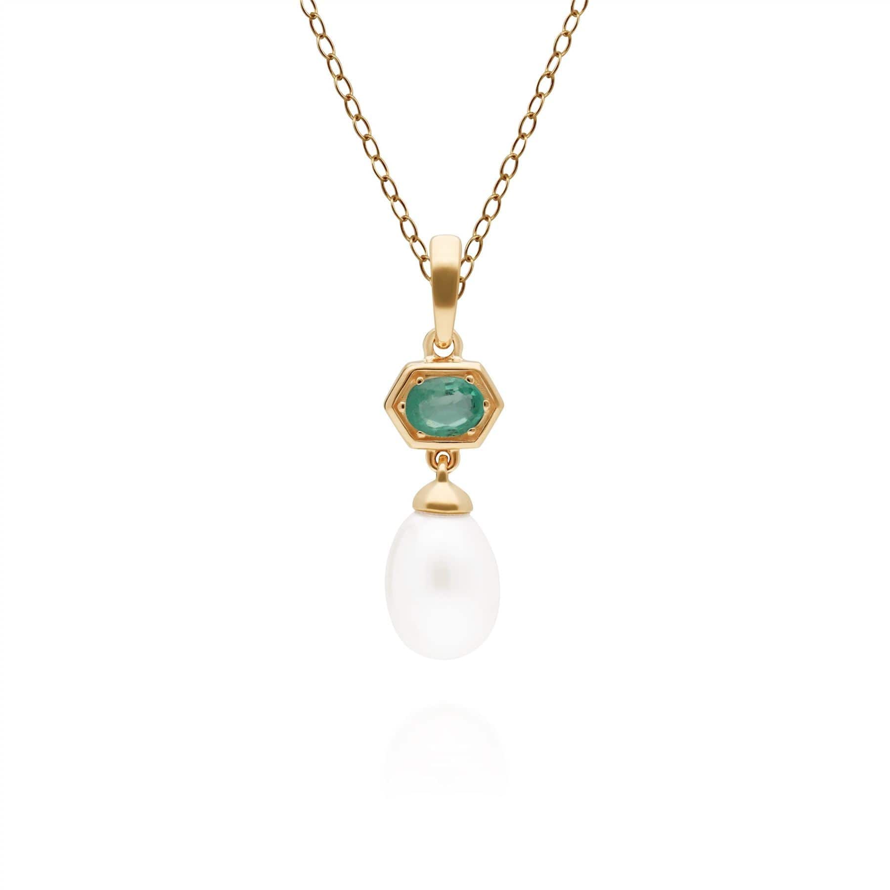 Photos - Pendant / Choker Necklace Modern Pearl & Emerald Hexagon Drop Pendant in Gold Plated Silver