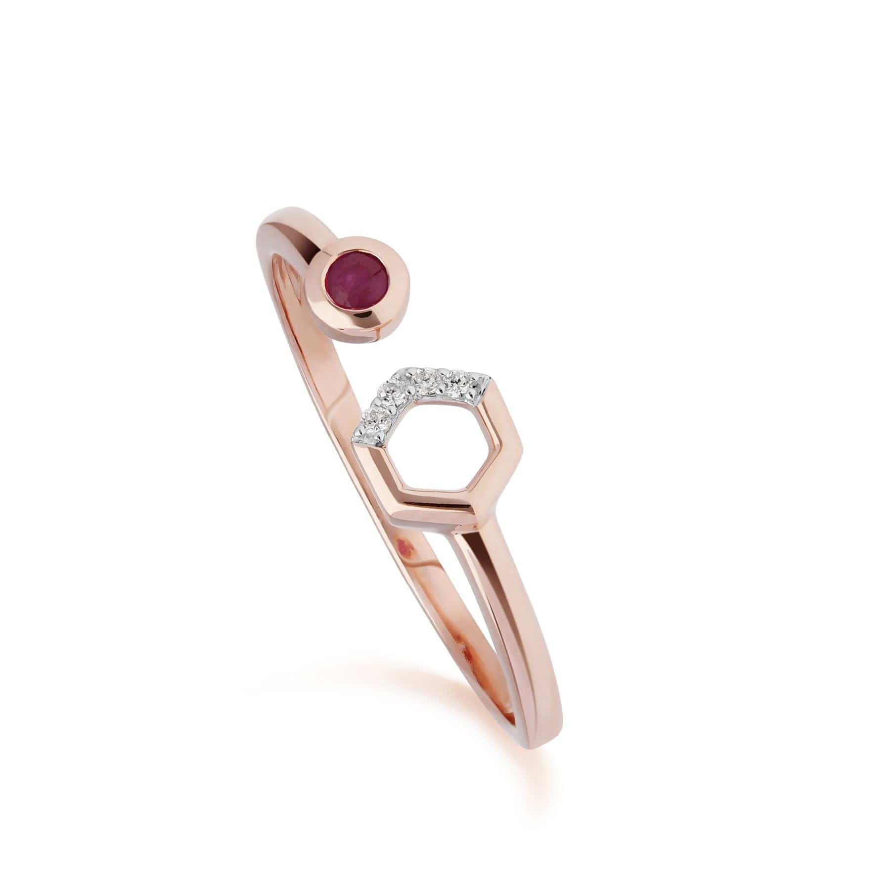 Product photograph of Contemporary Ruby Diamond Hexagon Open Ring In 9ct Rose Gold from Gemondo Jewellery