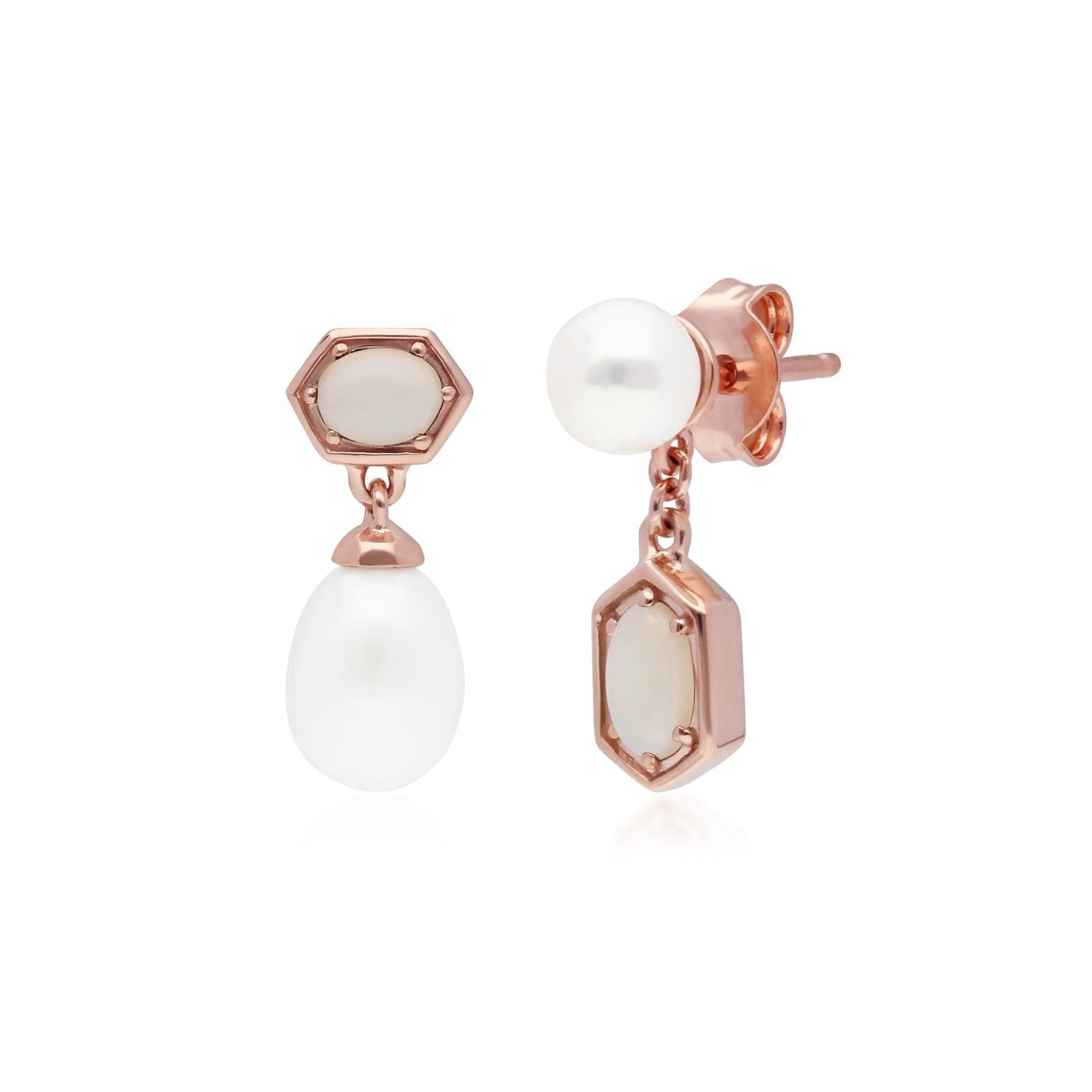 Product photograph of Modern Pearl Opal Mismatched Drop Earrings In Rose Gold Plated Silver from Gemondo Jewellery
