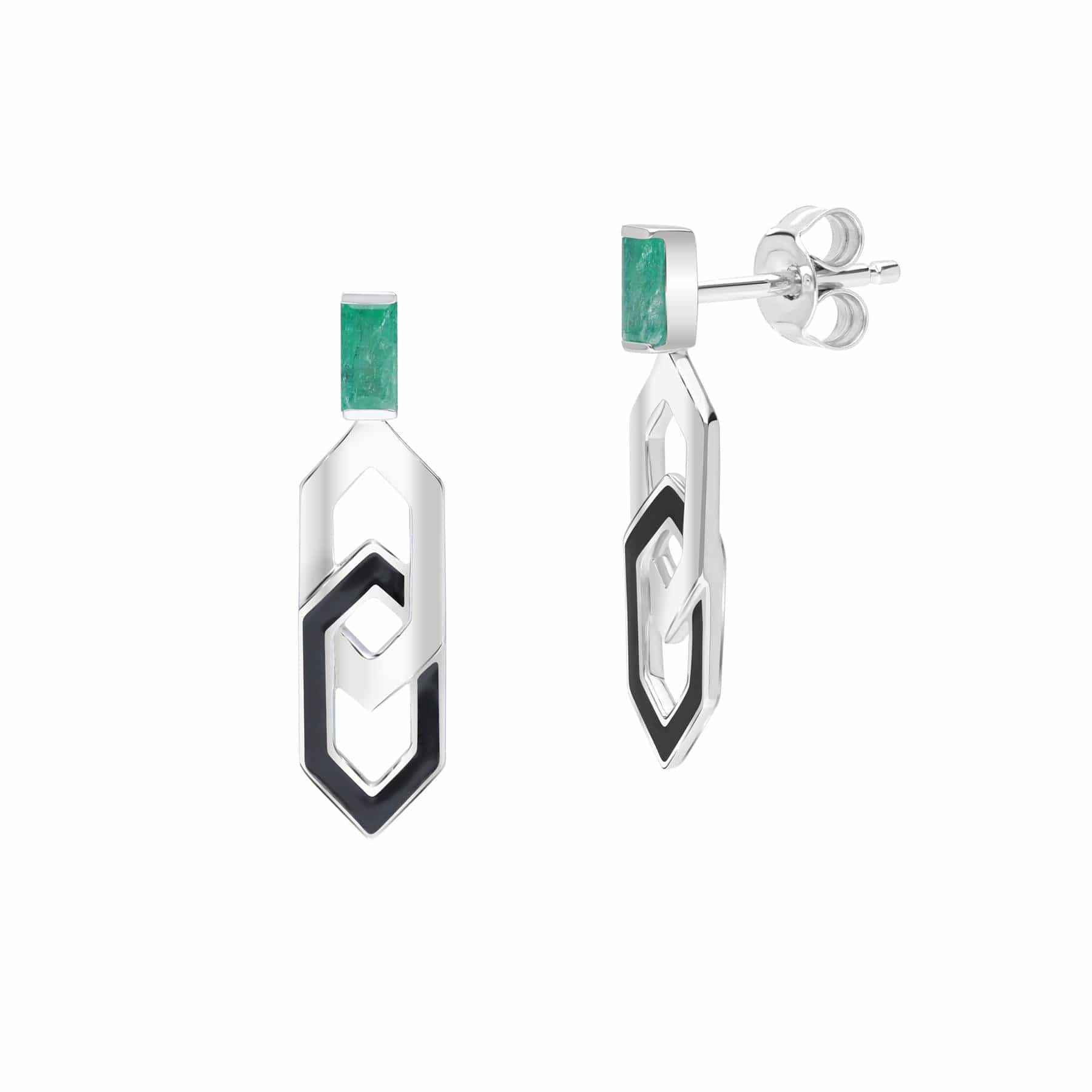 Product photograph of Grand Deco Enamel Emerald Link Drop Earrings In 9ct White Gold from Gemondo Jewellery