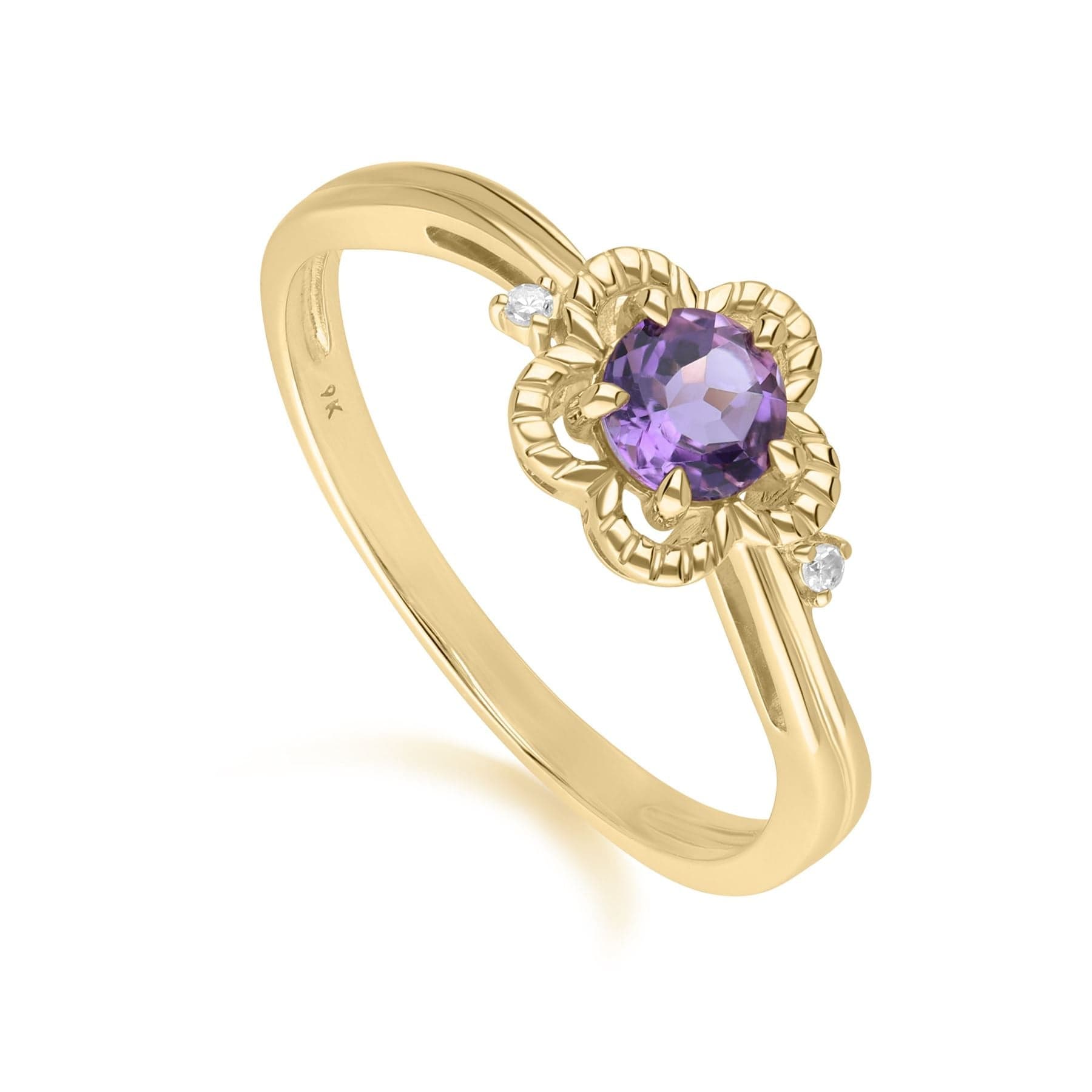 Product photograph of Floral Round Amethyst Diamond Ring In 9ct Yellow Gold from Gemondo Jewellery