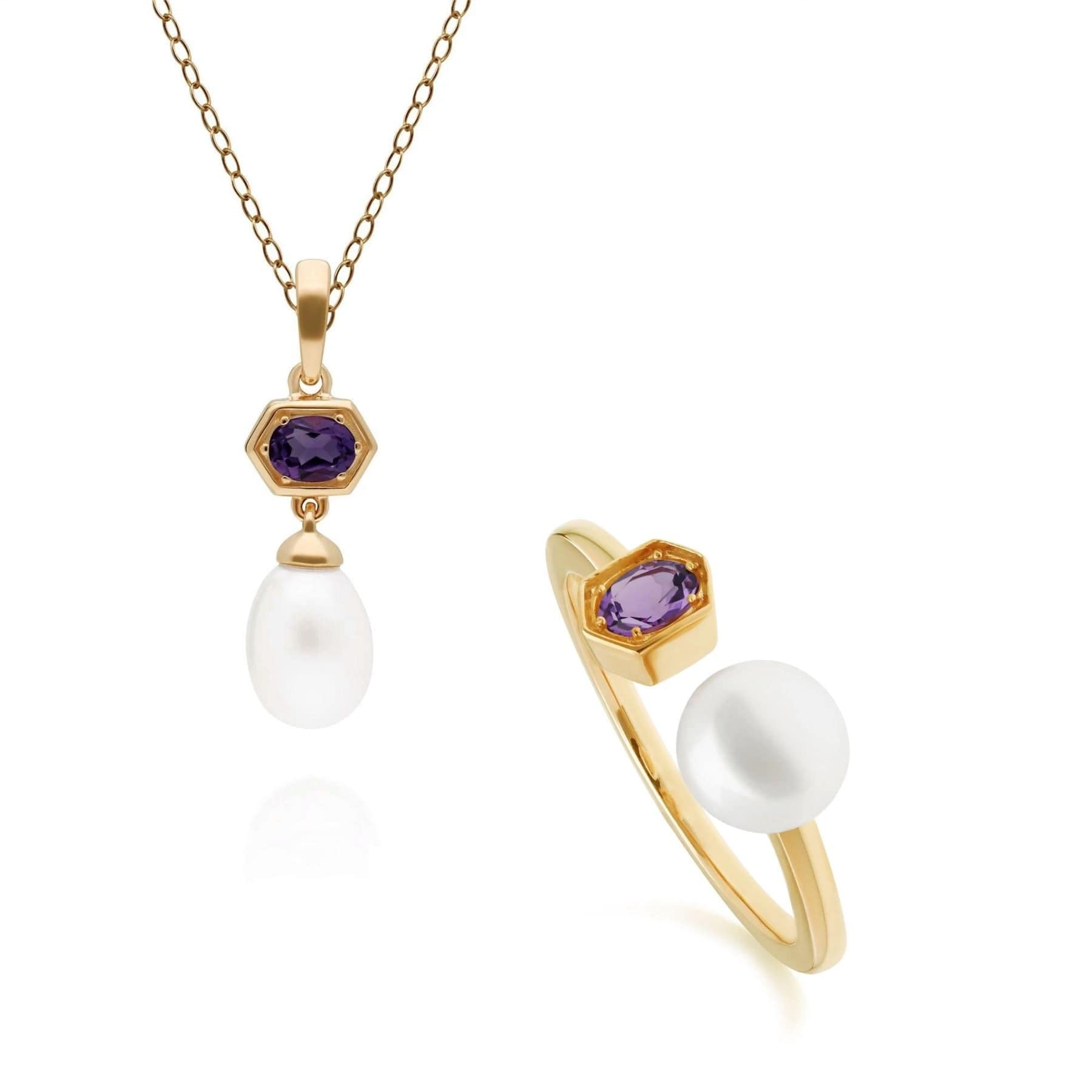 Product photograph of Modern Pearl Amethyst Pendant Ring Set In Gold Plated Silver from Gemondo Jewellery