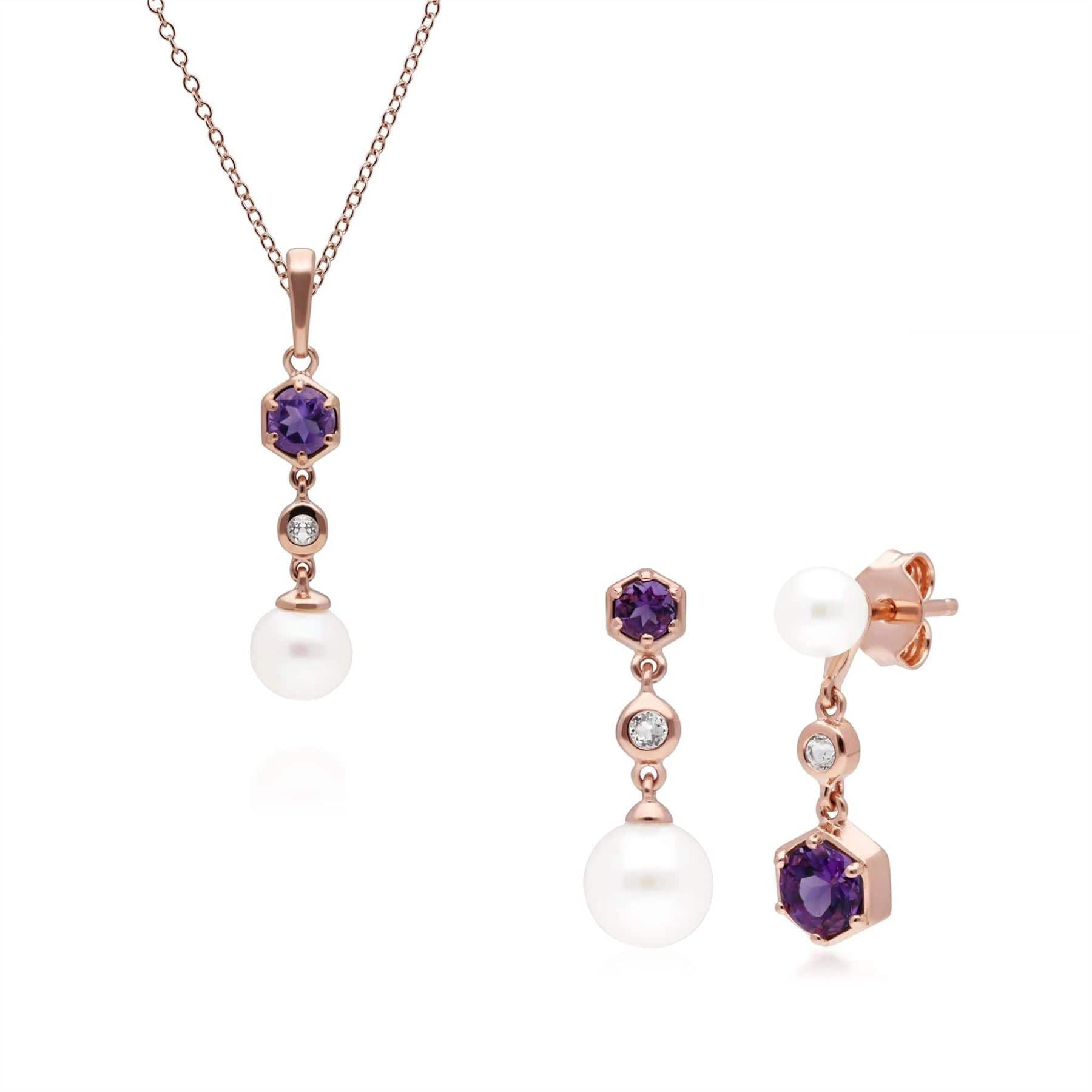 Image of Modern Pearl, Amethyst & Topaz Pendant & Earring Set in Rose Gold Plated Silver