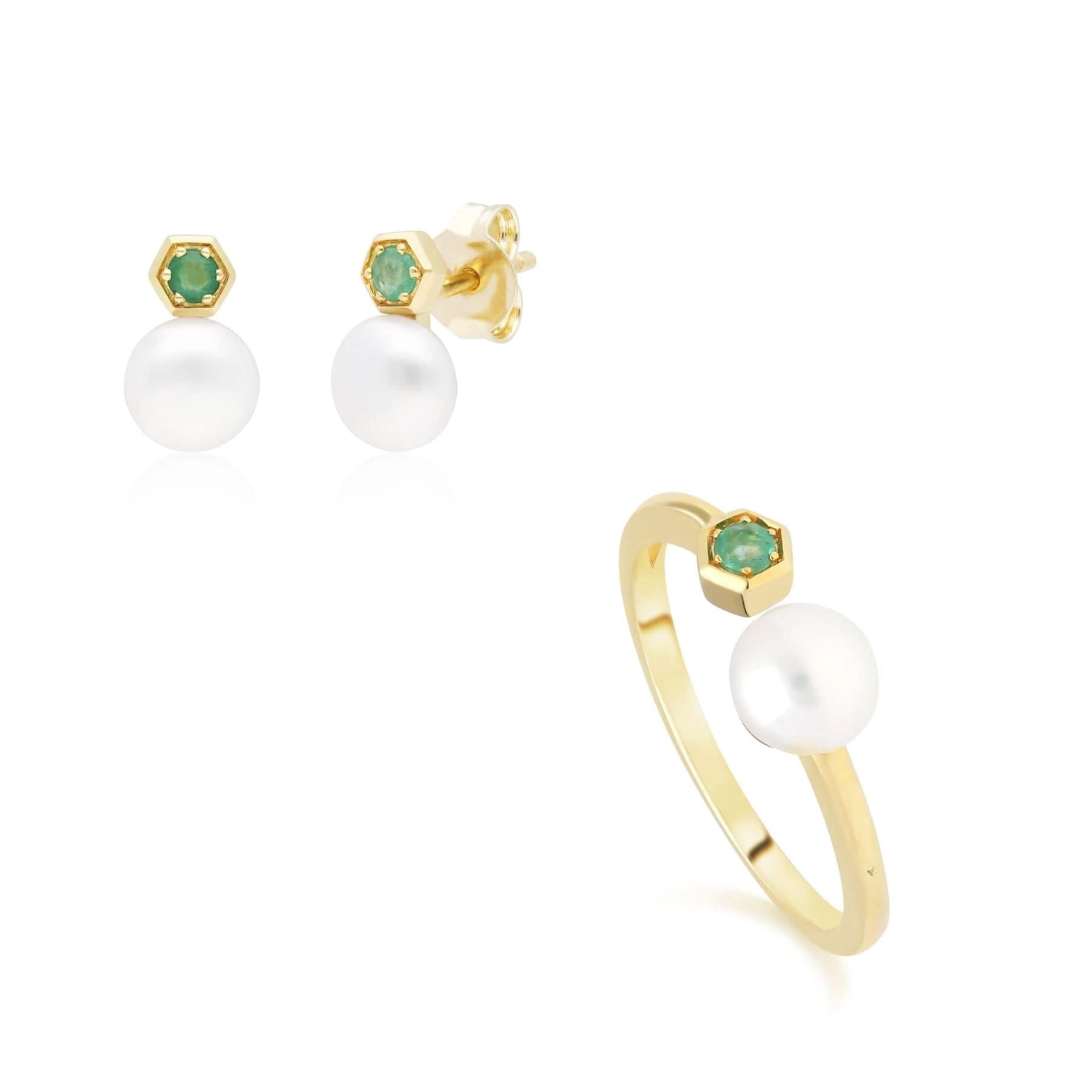 Product photograph of Modern Pearl Emerald Earring Ring Set In 9ct Gold from Gemondo Jewellery