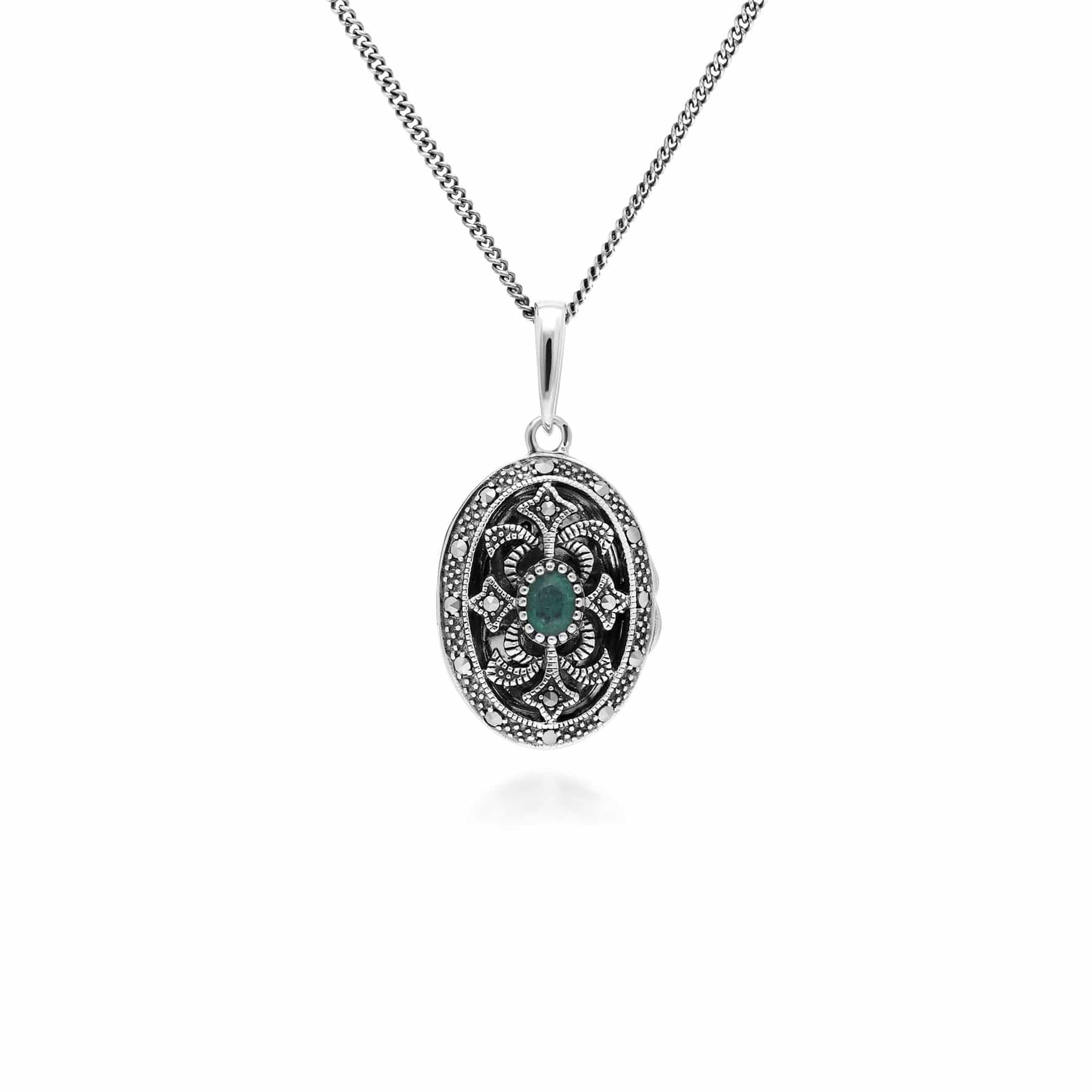 Product photograph of Art Nouveau Style Oval Emerald Marcasite Locket Necklace In 925 Sterling Silver from Gemondo Jewellery