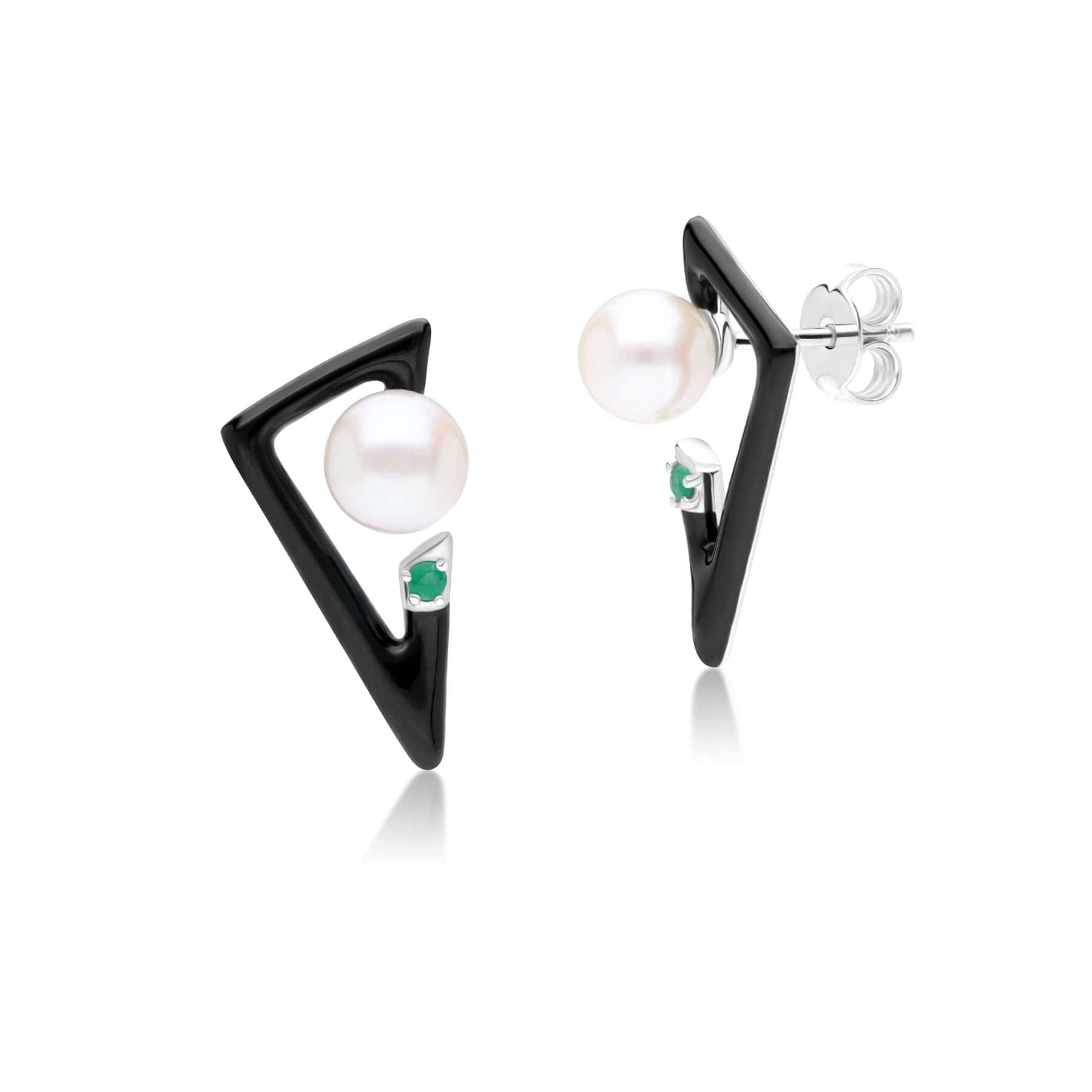 Product photograph of Grand Deco Enamel Emerald Pearl Retro Earrings In Sterling Silver from Gemondo Jewellery