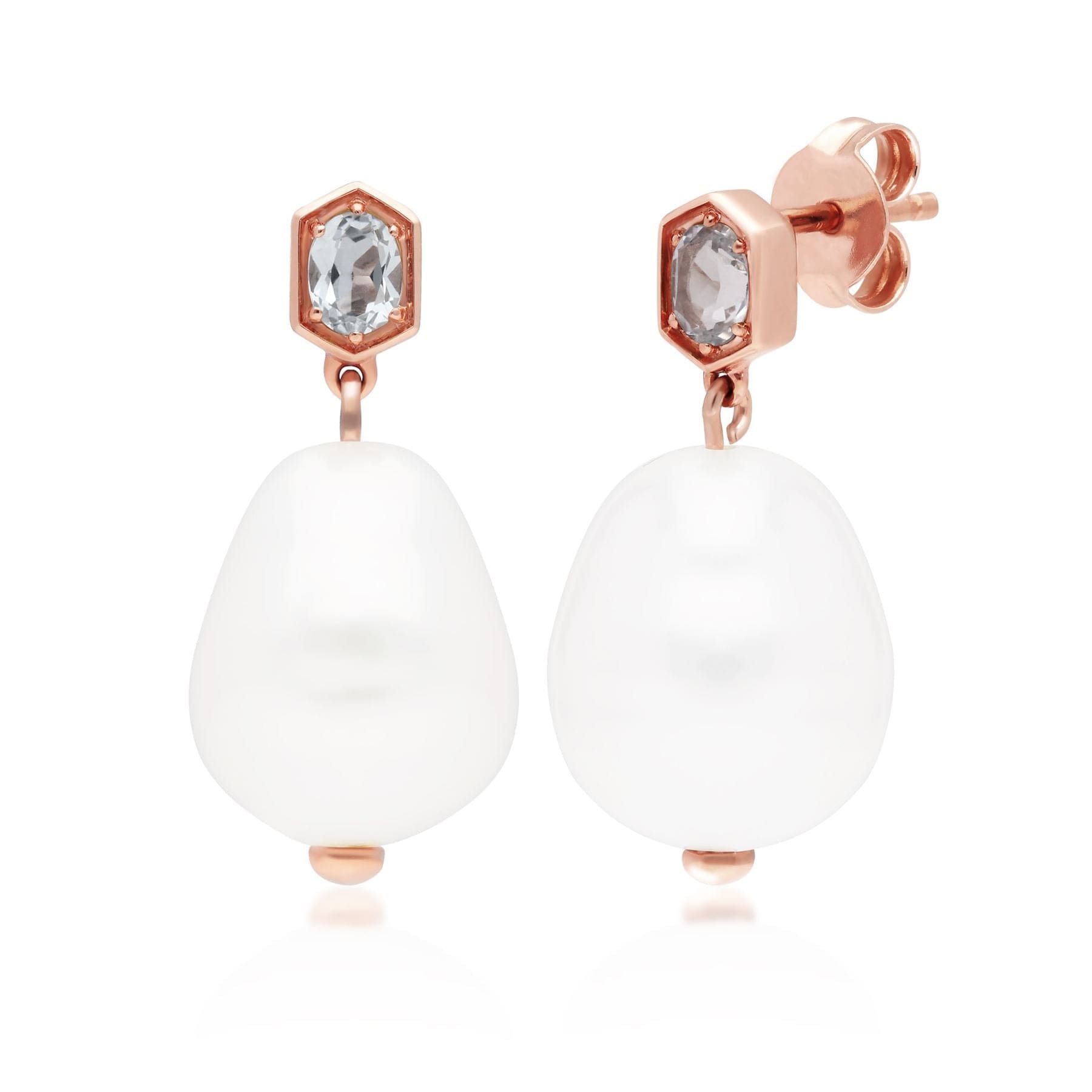 Product photograph of Modern Baroque Pearl Aquamarine Drop Earrings In Rose Gold Plated Silver from Gemondo Jewellery