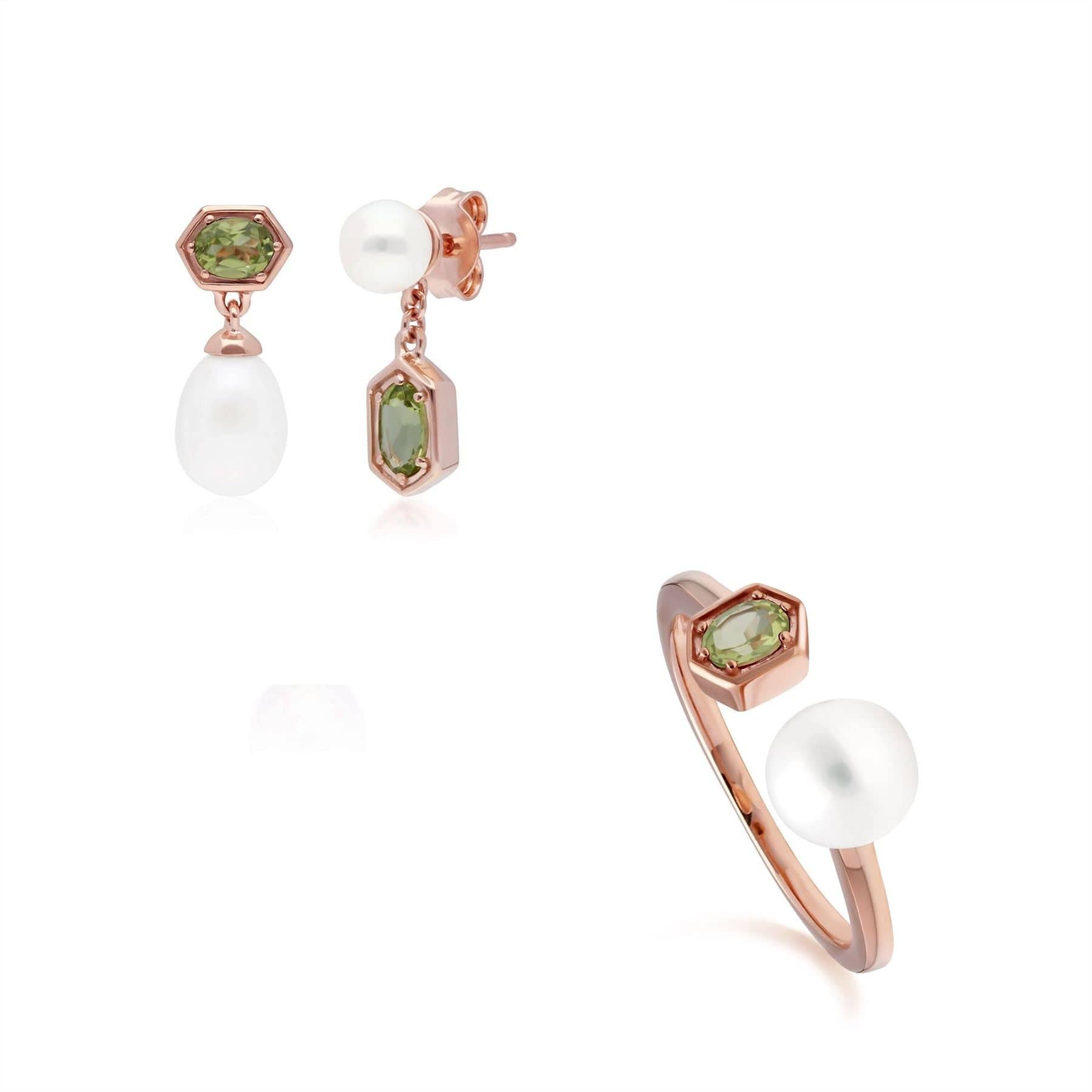 Product photograph of Modern Pearl Peridot Earring Ring Set In Rose Gold Plated Silver from Gemondo Jewellery