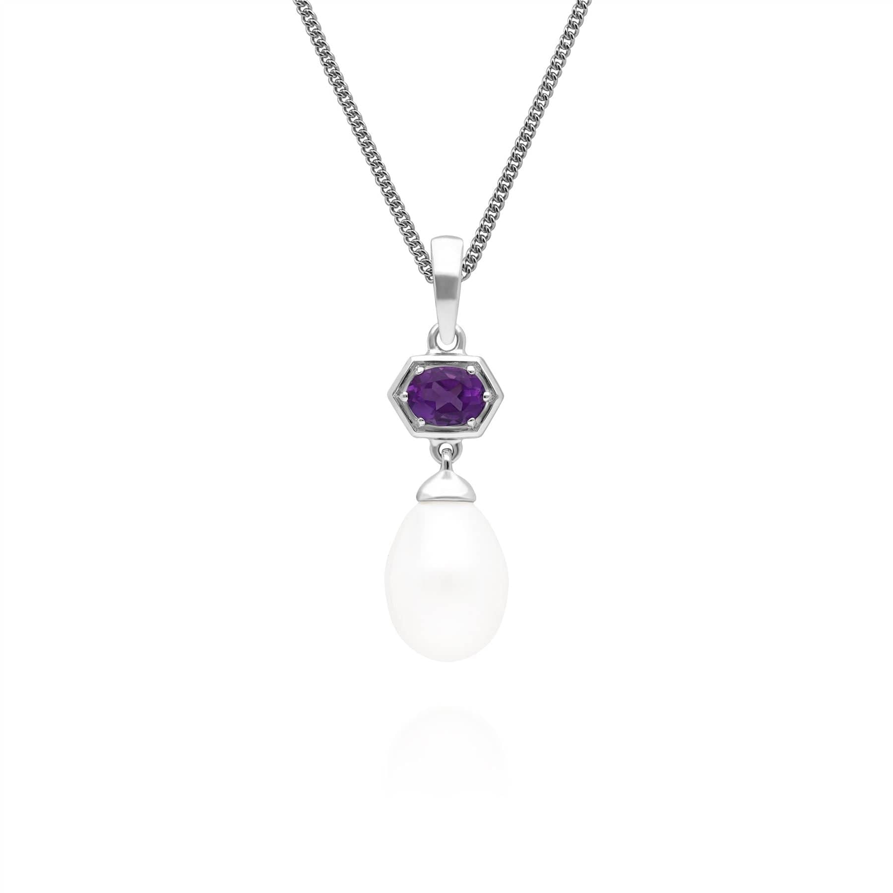 Product photograph of Modern Pearl Amethyst Pendant In 925 Sterling Silver from Gemondo Jewellery