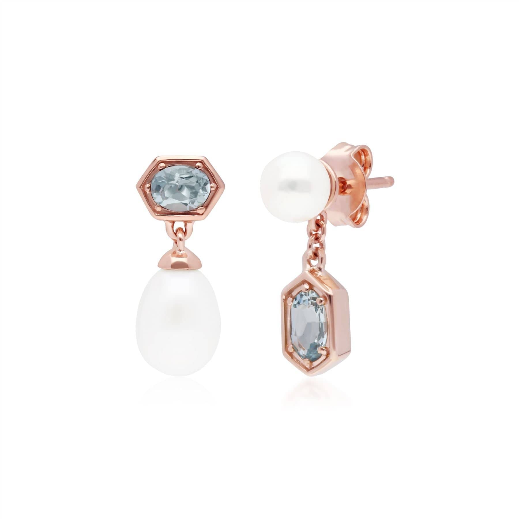 Product photograph of Modern Pearl Aquamarine Mismatched Drop Earrings In Rose Gold Plated Silver from Gemondo Jewellery