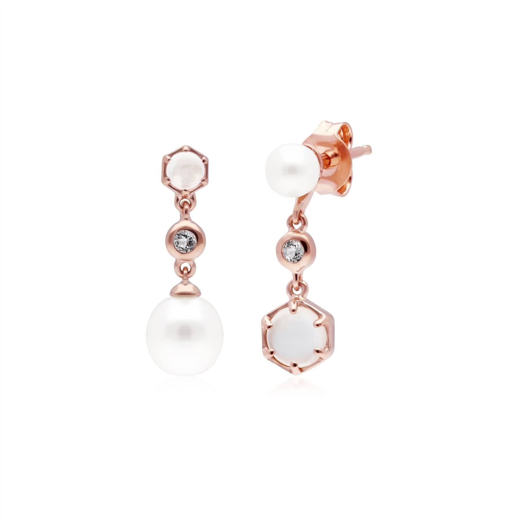 Product photograph of Modern Pearl Moonstone Topaz Mismatched Drop Earrings In Rose Gold Plated Silver from Gemondo Jewellery